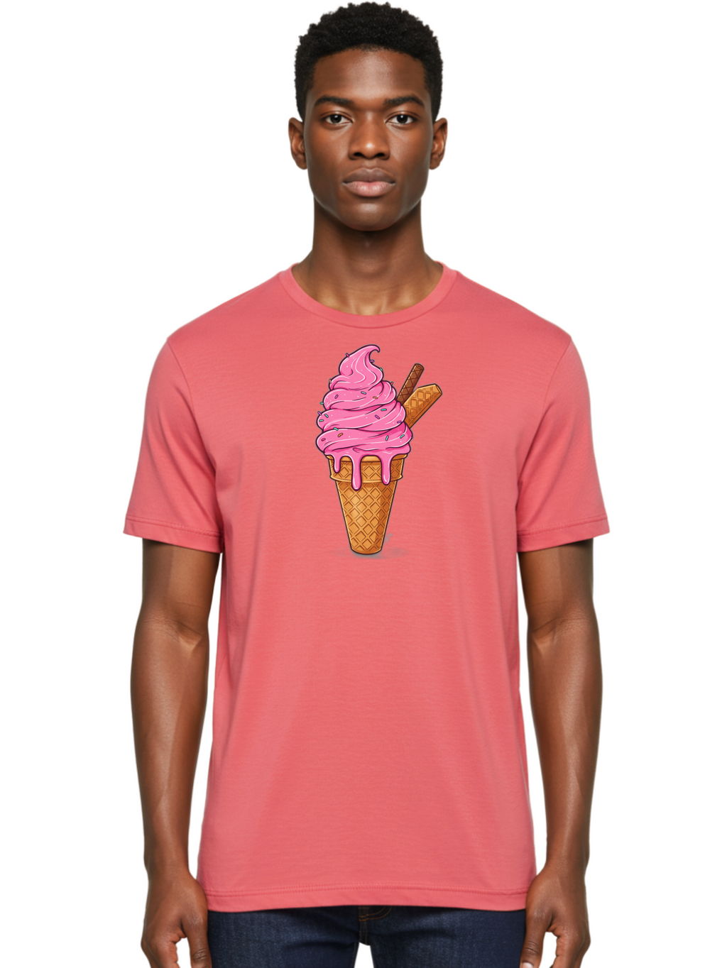 Pink-Ice-Cream-1 Men'S Graphic Tee, 100% Cotton, Comfortable Casual Summer Wear, Machine Washable, Pink Ice Cream Cone, Melting Ice Cream, Waffle Cone, Sprinkles, Wafer Sticks, Sweet Treats, Dessert, Ice Cream Lover, Cartoon Style, Tasty, Bab168