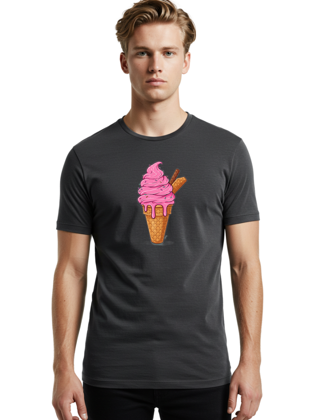 Pink-Ice-Cream-1 Men'S Graphic Tee, 100% Cotton, Comfortable Casual Summer Wear, Machine Washable, Pink Ice Cream Cone, Melting Ice Cream, Waffle Cone, Sprinkles, Wafer Sticks, Sweet Treats, Dessert, Ice Cream Lover, Cartoon Style, Tasty, Bab168