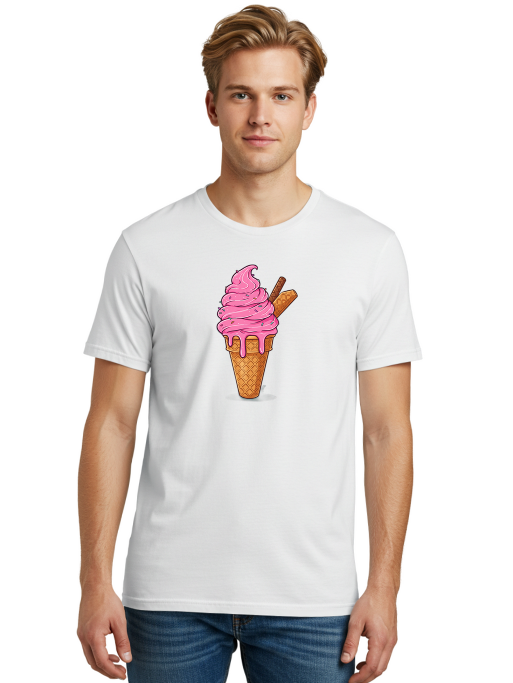 Pink-Ice-Cream-1 Men'S Graphic Tee, 100% Cotton, Comfortable Casual Summer Wear, Machine Washable, Pink Ice Cream Cone, Melting Ice Cream, Waffle Cone, Sprinkles, Wafer Sticks, Sweet Treats, Dessert, Ice Cream Lover, Cartoon Style, Tasty, Bab168