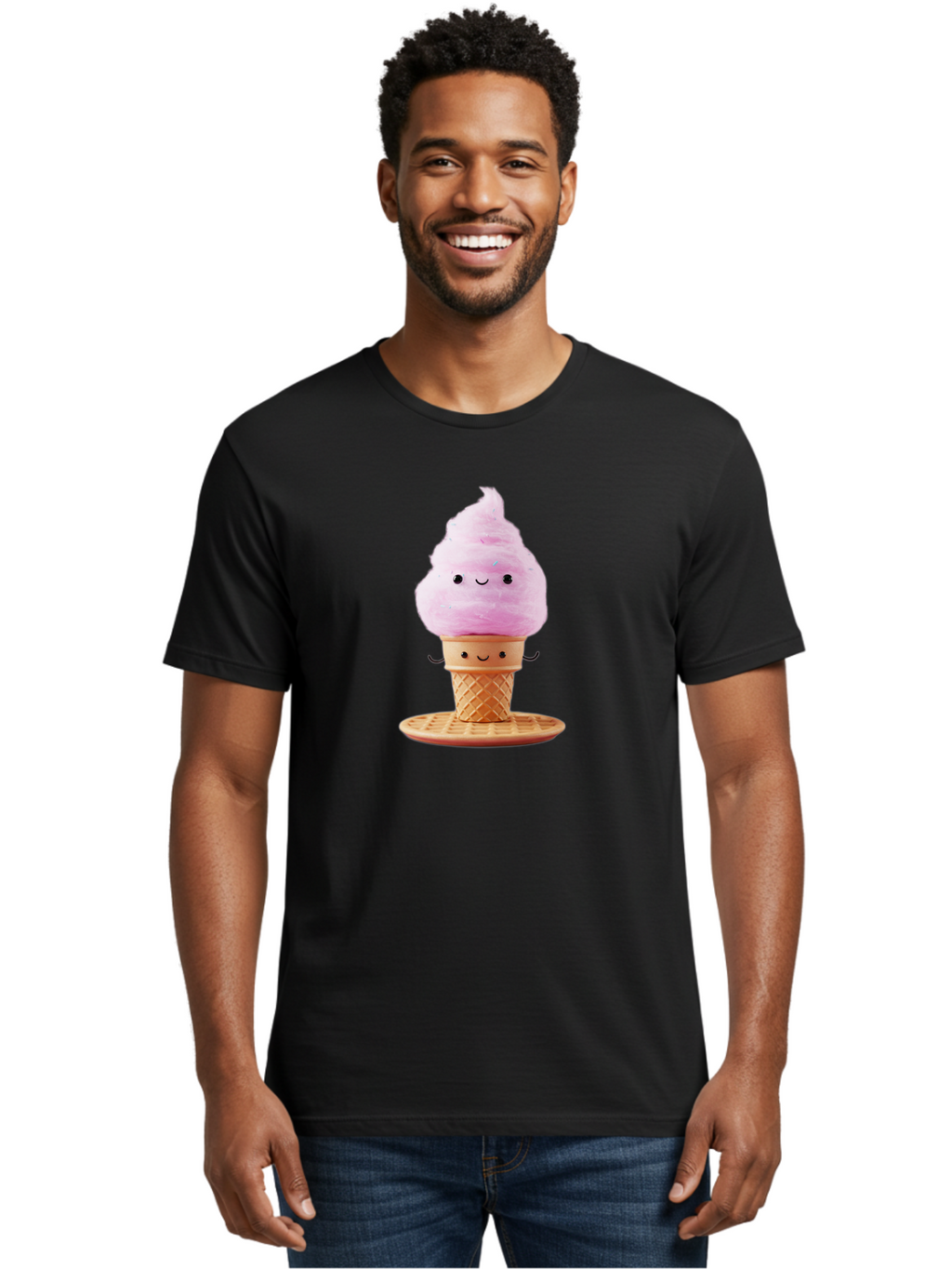 Pink-Ice-Cream-2 Men'S Graphic Tee, 100% Cotton, Comfortable Casual Summer Wear, Machine Washable, Pink Ice Cream, Soft Serve Ice Cream, Happy Face, Kawaii Design, Cute Dessert, Ice Cream Cone, Sweet Treat, Cartoon Character Bab169