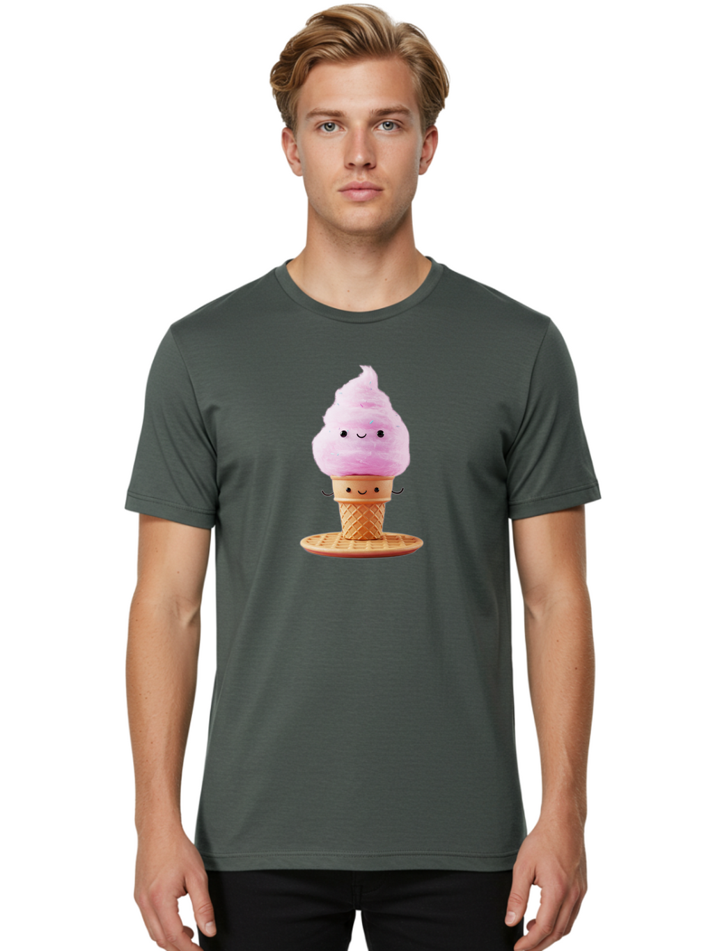 Pink-Ice-Cream-2 Men'S Graphic Tee, 100% Cotton, Comfortable Casual Summer Wear, Machine Washable, Pink Ice Cream, Soft Serve Ice Cream, Happy Face, Kawaii Design, Cute Dessert, Ice Cream Cone, Sweet Treat, Cartoon Character Bab169