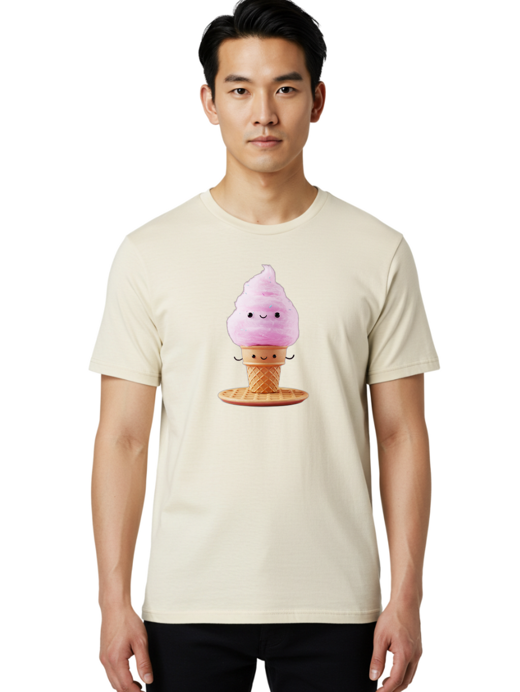 Pink-Ice-Cream-2 Men'S Graphic Tee, 100% Cotton, Comfortable Casual Summer Wear, Machine Washable, Pink Ice Cream, Soft Serve Ice Cream, Happy Face, Kawaii Design, Cute Dessert, Ice Cream Cone, Sweet Treat, Cartoon Character Bab169