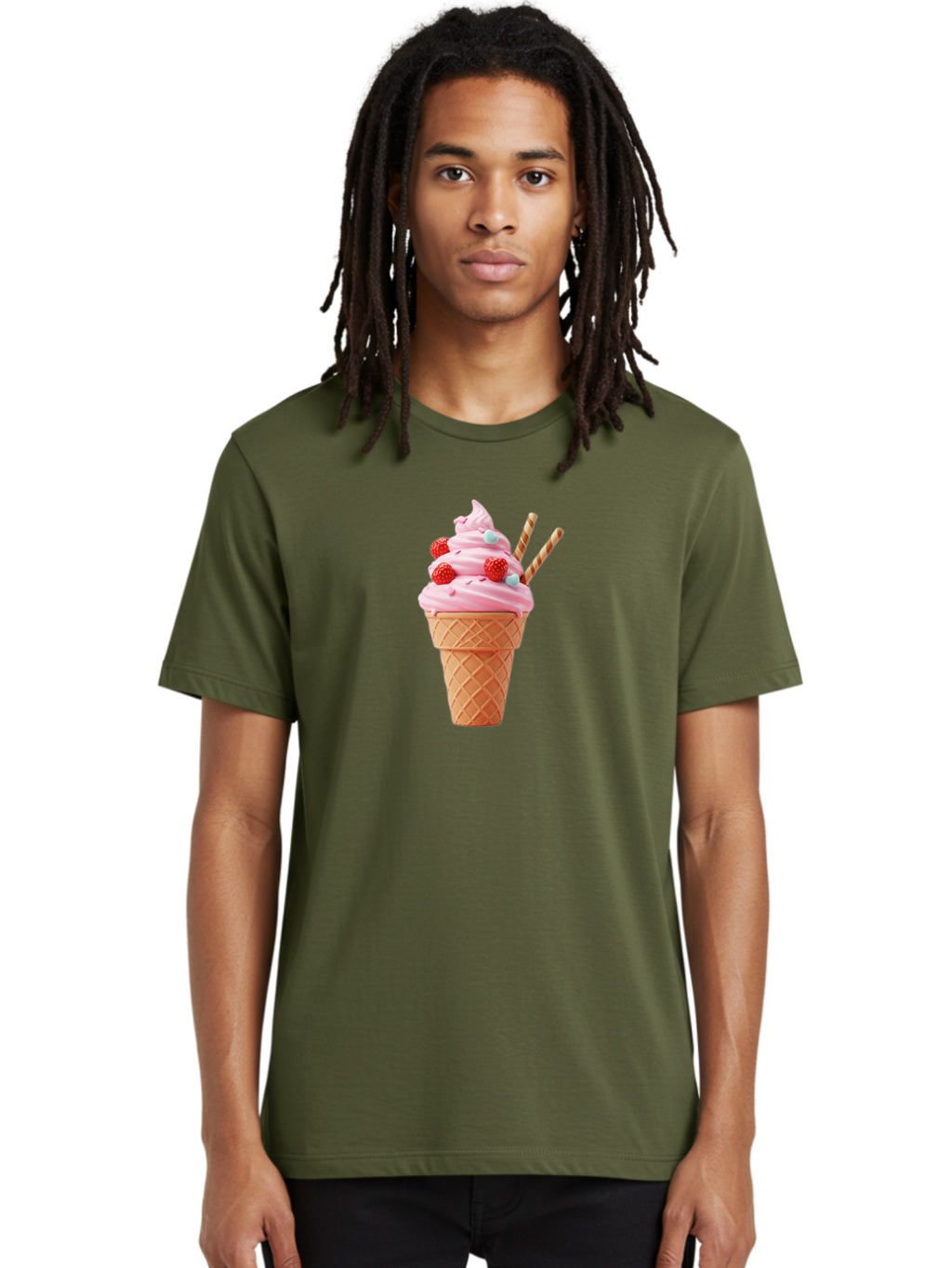 Pink-Ice-Cream-Cone Men'S Graphic Tee, 100% Cotton, Comfortable Casual Summer Wear, Machine Washable, Pink Ice Cream, Ice Cream Cone, Waffle Cone, Soft-Serve Ice Cream, Sweet Treats, Frozen Dessert, Summer Fun, Colorful Sprinkles, Bab170