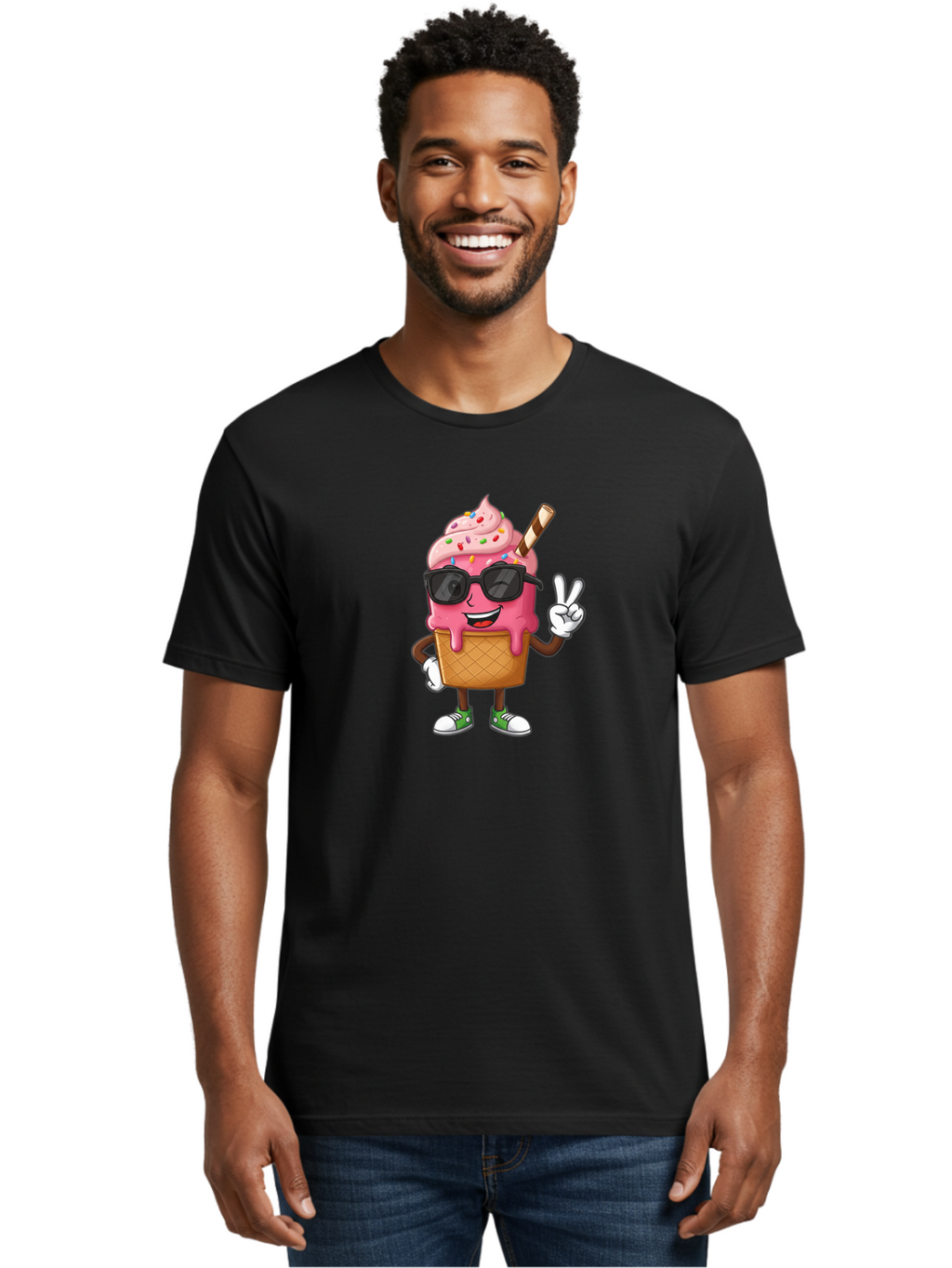 Pink-Ice-Cream Men'S Graphic Tee, 100% Cotton, Comfortable Casual Summer Wear, Machine Washable, Ice Cream Cone, Pink Ice Cream, Sprinkles, Sunglasses, Peace Sign, Cartoon Character, Sweet Treat, Summer Fun, Colorful Dessert, Fun Food, Tasty, Bab171