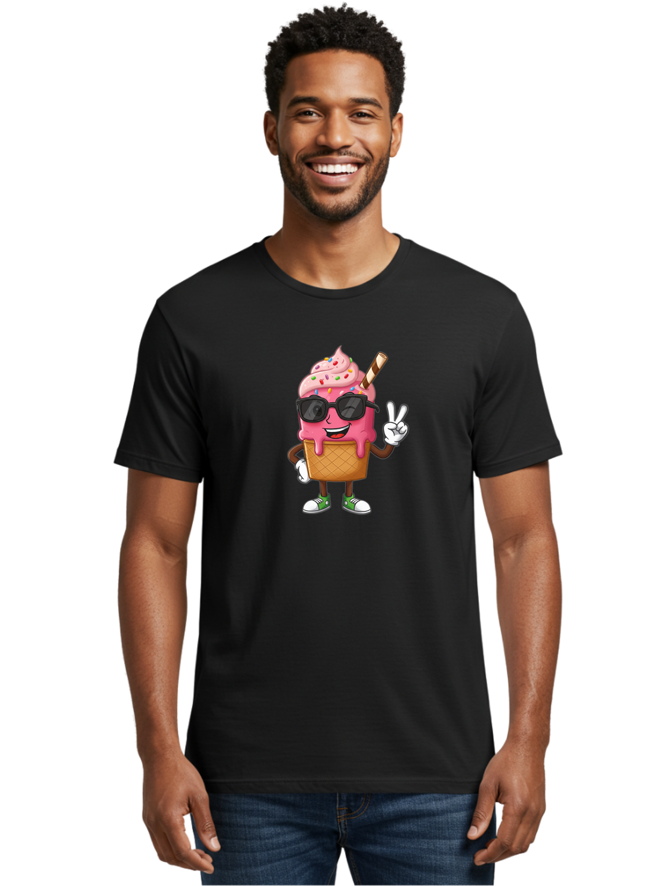 Pink-Ice-Cream Men'S Graphic Tee, 100% Cotton, Comfortable Casual Summer Wear, Machine Washable, Ice Cream Cone, Pink Ice Cream, Sprinkles, Sunglasses, Peace Sign, Cartoon Character, Sweet Treat, Summer Fun, Colorful Dessert, Fun Food, Tasty, Bab171