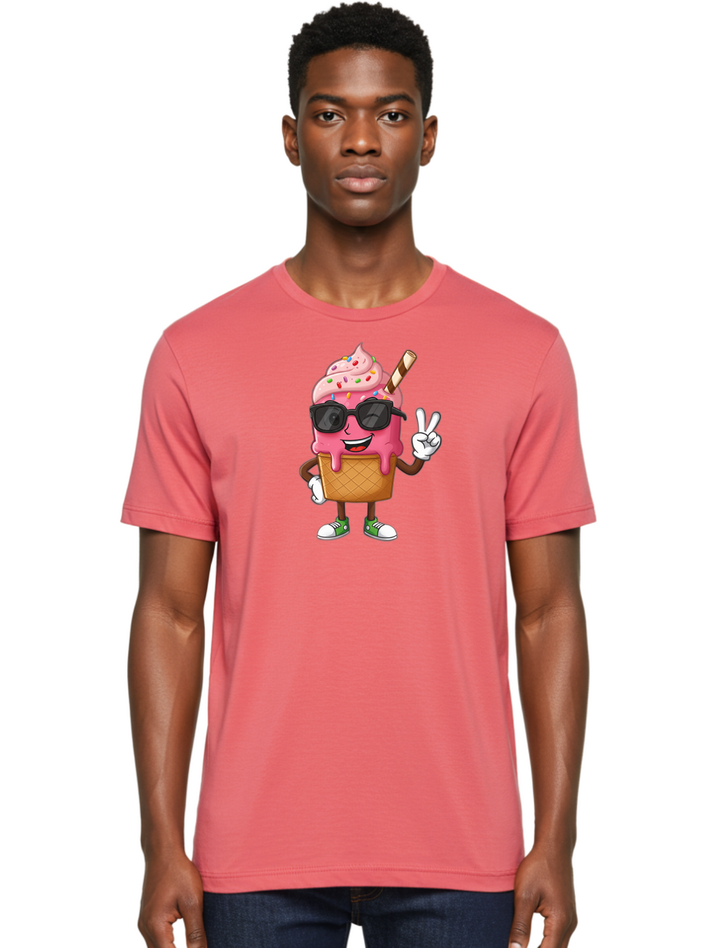 Pink-Ice-Cream Men'S Graphic Tee, 100% Cotton, Comfortable Casual Summer Wear, Machine Washable, Ice Cream Cone, Pink Ice Cream, Sprinkles, Sunglasses, Peace Sign, Cartoon Character, Sweet Treat, Summer Fun, Colorful Dessert, Fun Food, Tasty, Bab171