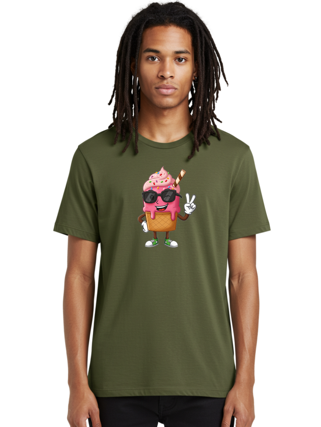 Pink-Ice-Cream Men'S Graphic Tee, 100% Cotton, Comfortable Casual Summer Wear, Machine Washable, Ice Cream Cone, Pink Ice Cream, Sprinkles, Sunglasses, Peace Sign, Cartoon Character, Sweet Treat, Summer Fun, Colorful Dessert, Fun Food, Tasty, Bab171