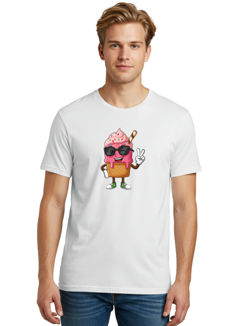 Pink-Ice-Cream Men'S Graphic Tee, 100% Cotton, Comfortable Casual Summer Wear, Machine Washable, Ice Cream Cone, Pink Ice Cream, Sprinkles, Sunglasses, Peace Sign, Cartoon Character, Sweet Treat, Summer Fun, Colorful Dessert, Fun Food, Tasty, Bab171
