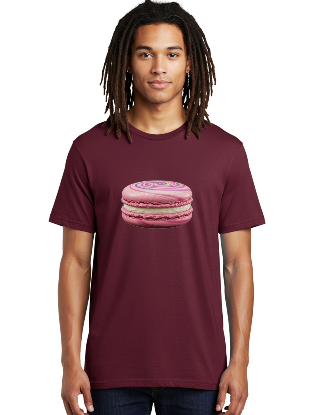 Pink-Macaron-1 Men'S Graphic Tee, 100% Cotton, Comfortable Casual Summer Wear, Machine Washable, Pink Macaron, Swirly Design, White Filling, French Dessert, Sweet Treat, Meringue-Based Cookie, Pastel Colors, Bakery Item, Dessert Lover, Foodie Bab173