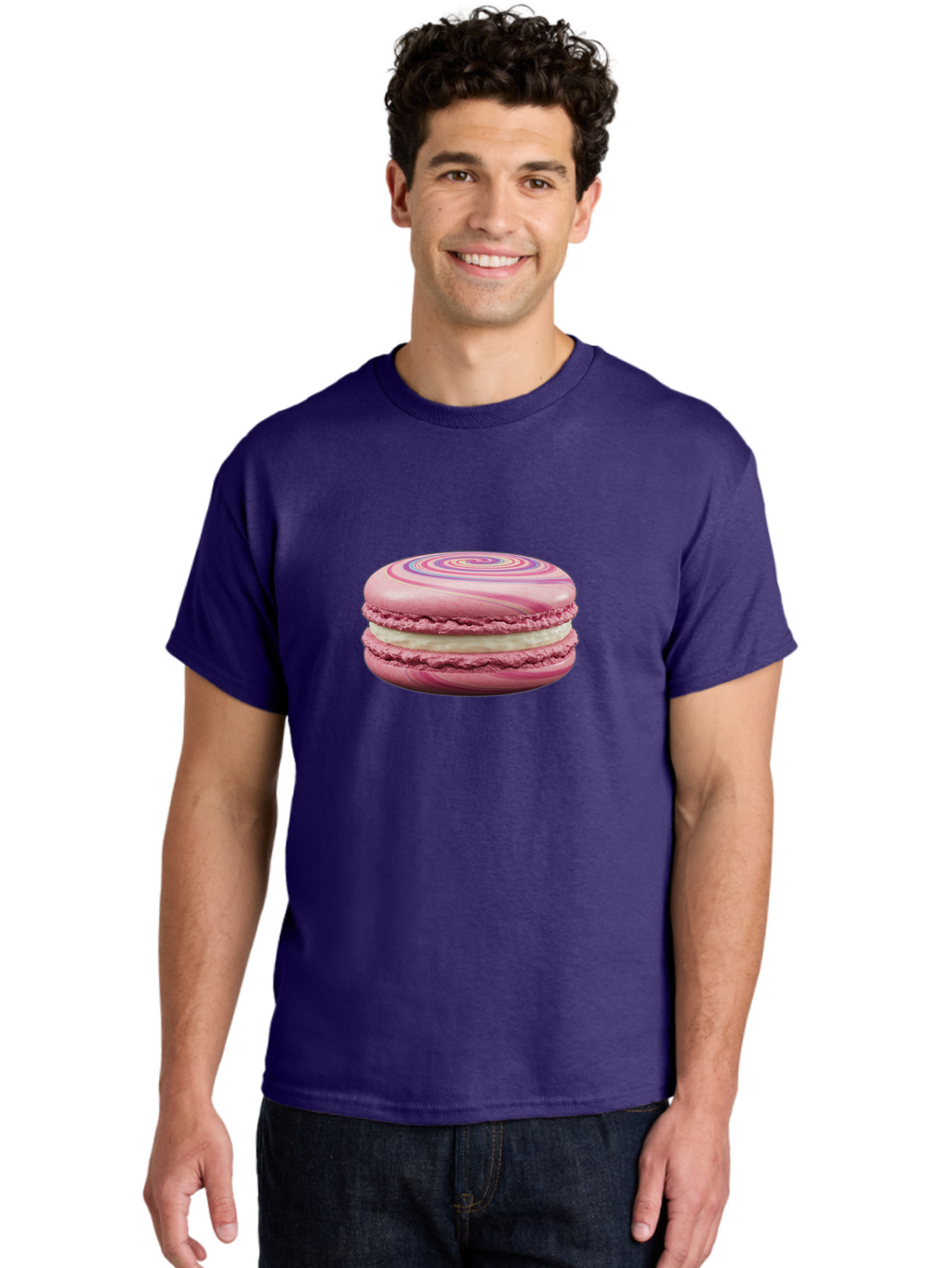 Pink-Macaron-1 Men'S Graphic Tee, 100% Cotton, Comfortable Casual Summer Wear, Machine Washable, Pink Macaron, Swirly Design, White Filling, French Dessert, Sweet Treat, Meringue-Based Cookie, Pastel Colors, Bakery Item, Dessert Lover, Foodie Bab173