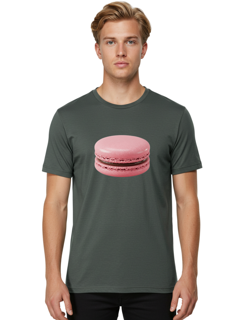 Pink-Macaron-2 Men'S Graphic Tee, 100% Cotton, Comfortable Casual Summer Wear, Machine Washable, Pink Macaroon, Chocolate Filling, Sweet Treat, Dessert, French Patisserie, Delicate Meringue, Gourmet Snack, Macaroon Texture, Pink Color Bab174