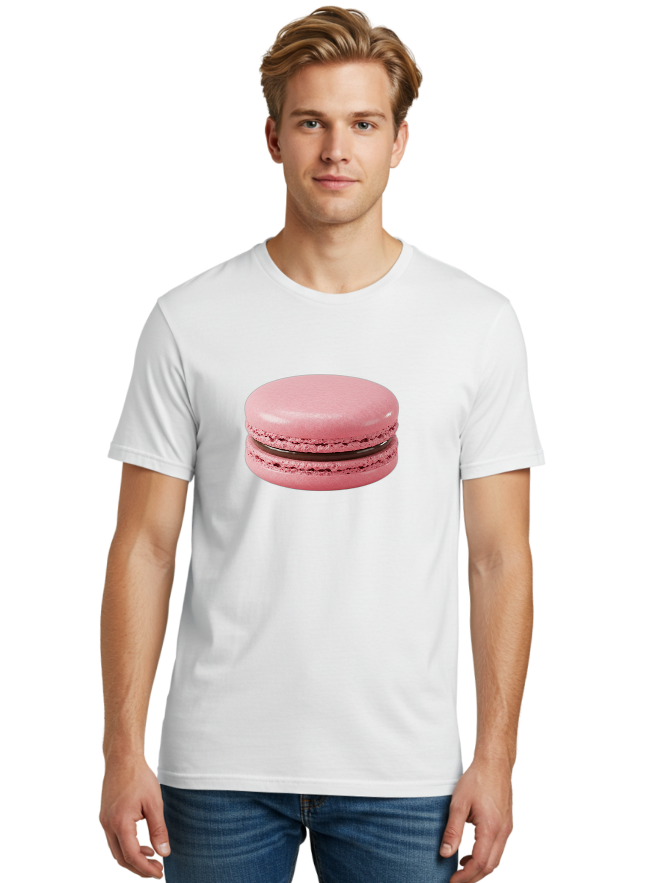 Pink-Macaron-2 Men'S Graphic Tee, 100% Cotton, Comfortable Casual Summer Wear, Machine Washable, Pink Macaroon, Chocolate Filling, Sweet Treat, Dessert, French Patisserie, Delicate Meringue, Gourmet Snack, Macaroon Texture, Pink Color Bab174