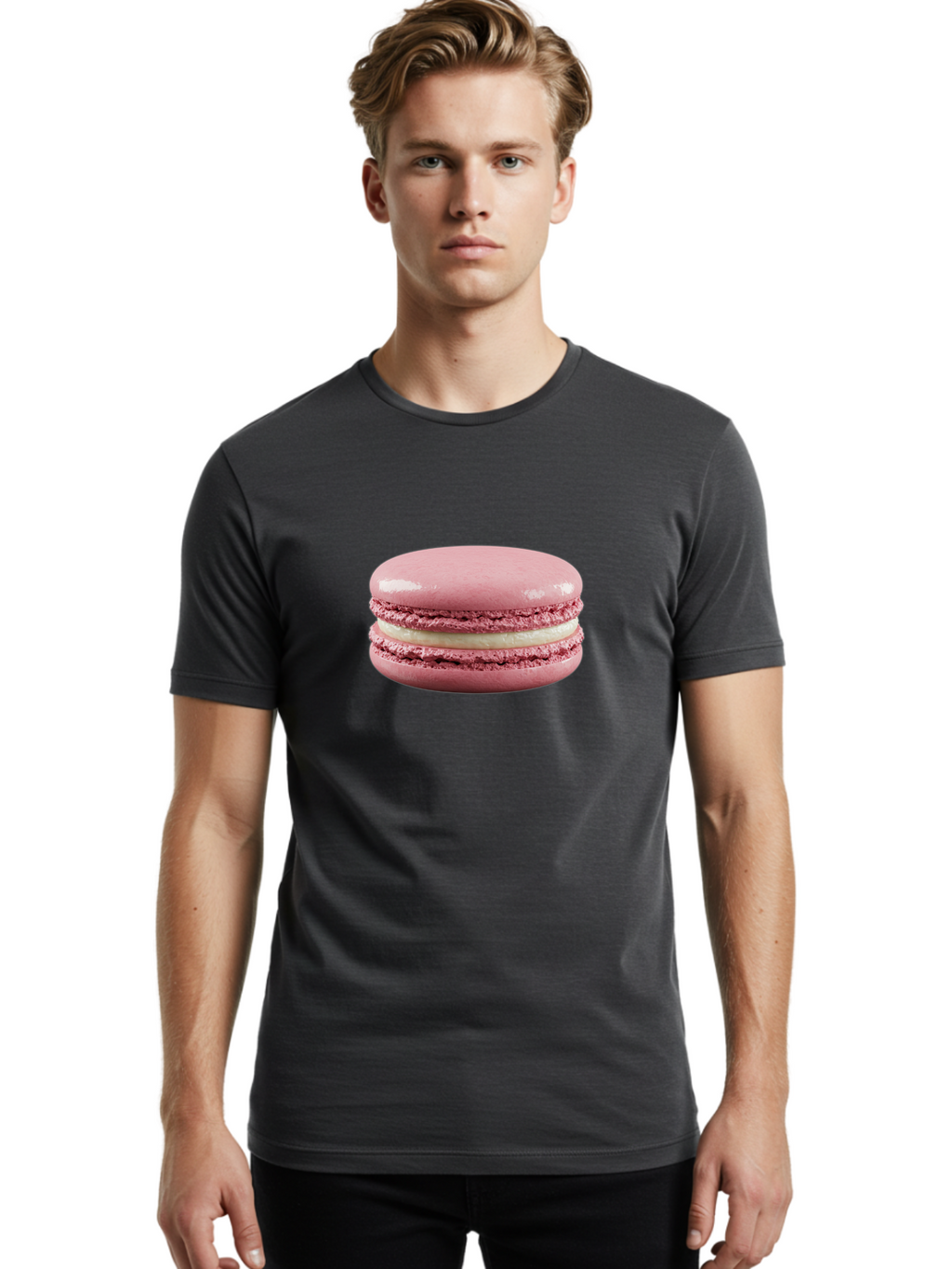 Pink-Macaron-5 Men'S Graphic Tee, 100% Cotton, Comfortable Casual Summer Wear, Machine Washable, Pink Macaron, French Dessert, Creamy Filling, Meringue-Based Cookie, Sweet Treat, Pastel Color, Delicate Texture, Gourmet Pastry Bab177