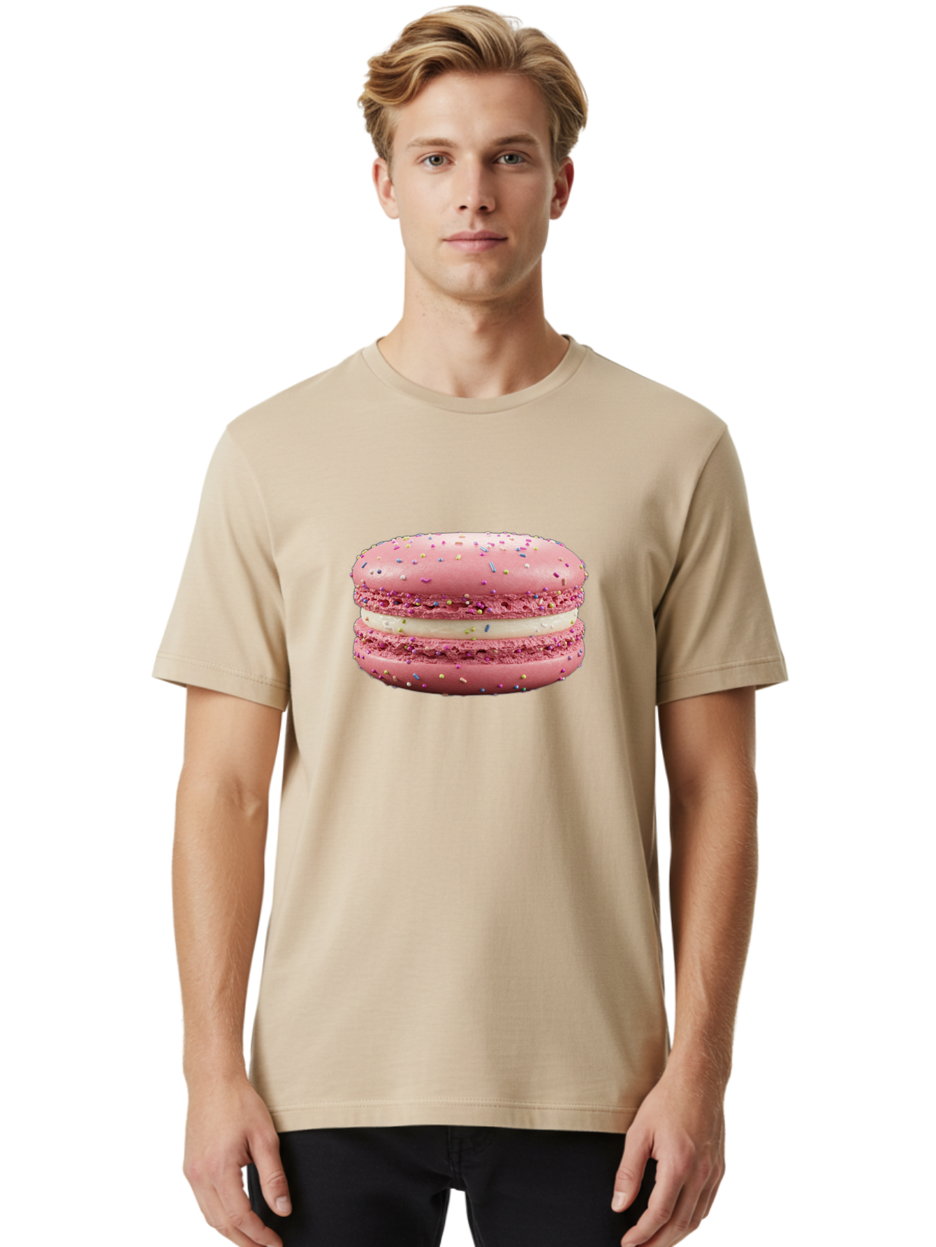 Pink-Macaron-8 Men'S Graphic Tee, 100% Cotton, Comfortable Casual Summer Wear, Machine Washable, Pink Macaron, French Dessert, Sweet Treats, Colorful Sprinkles, Creamy Filling, Pastel Colors, Delicious Pastry, Baked Goods, Dessert Lover Bab180