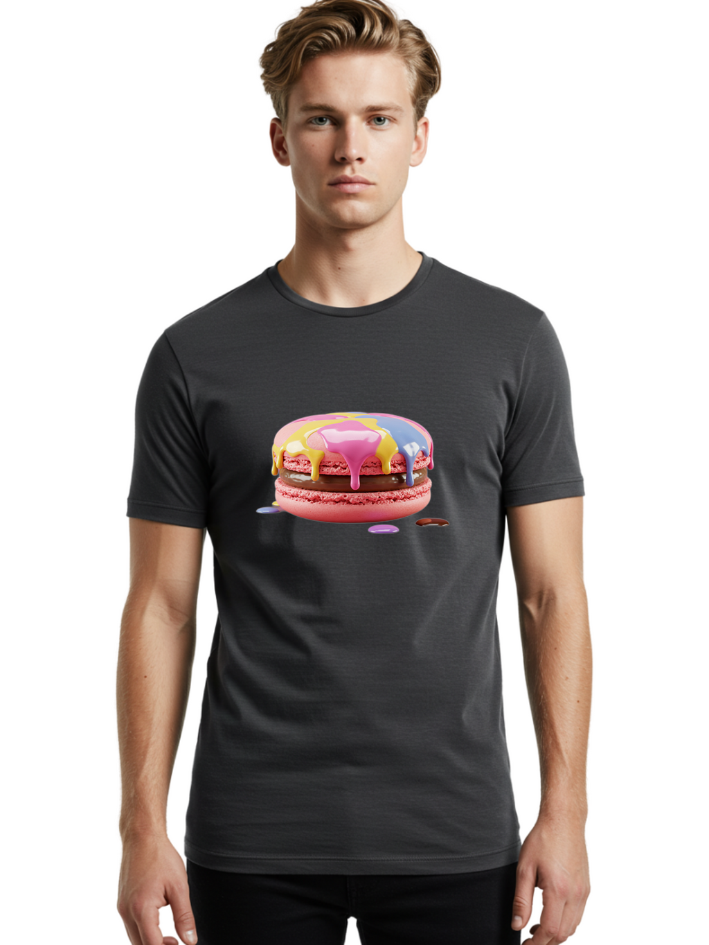 Pink-Macaron-9 Men'S Graphic Tee, 100% Cotton, Comfortable Casual Summer Wear, Machine Washable, Pink Macarons With Chocolate Ganache Filling, Pastel-Colored Icing, Colorful Dessert, Sweet Treats, Macaron Decorations, Dessert Art, Bab181