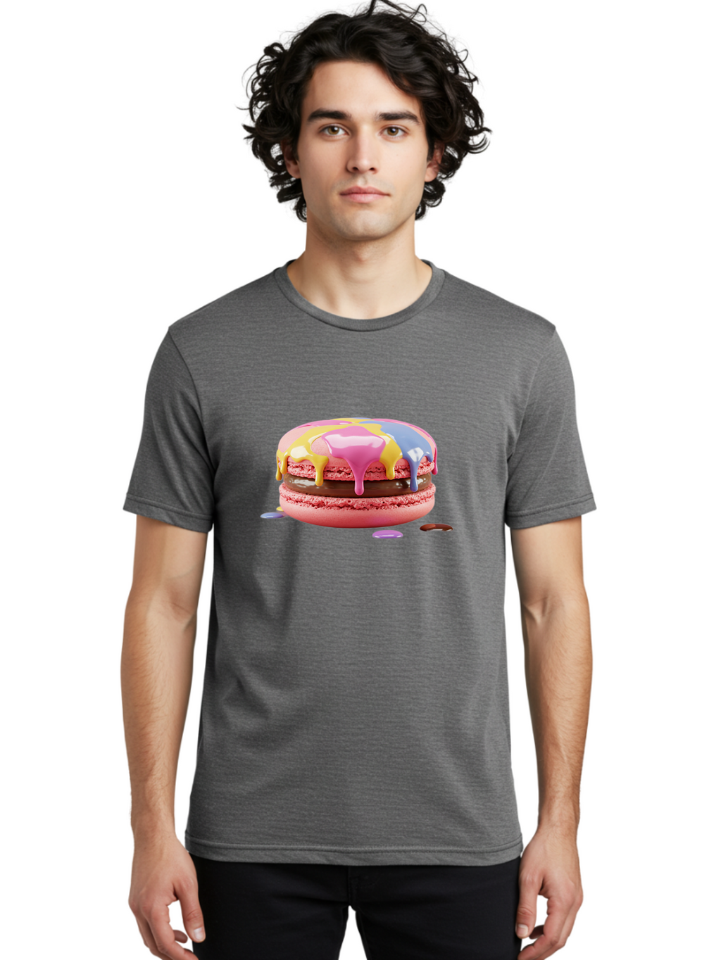 Pink-Macaron-9 Men'S Graphic Tee, 100% Cotton, Comfortable Casual Summer Wear, Machine Washable, Pink Macarons With Chocolate Ganache Filling, Pastel-Colored Icing, Colorful Dessert, Sweet Treats, Macaron Decorations, Dessert Art, Bab181