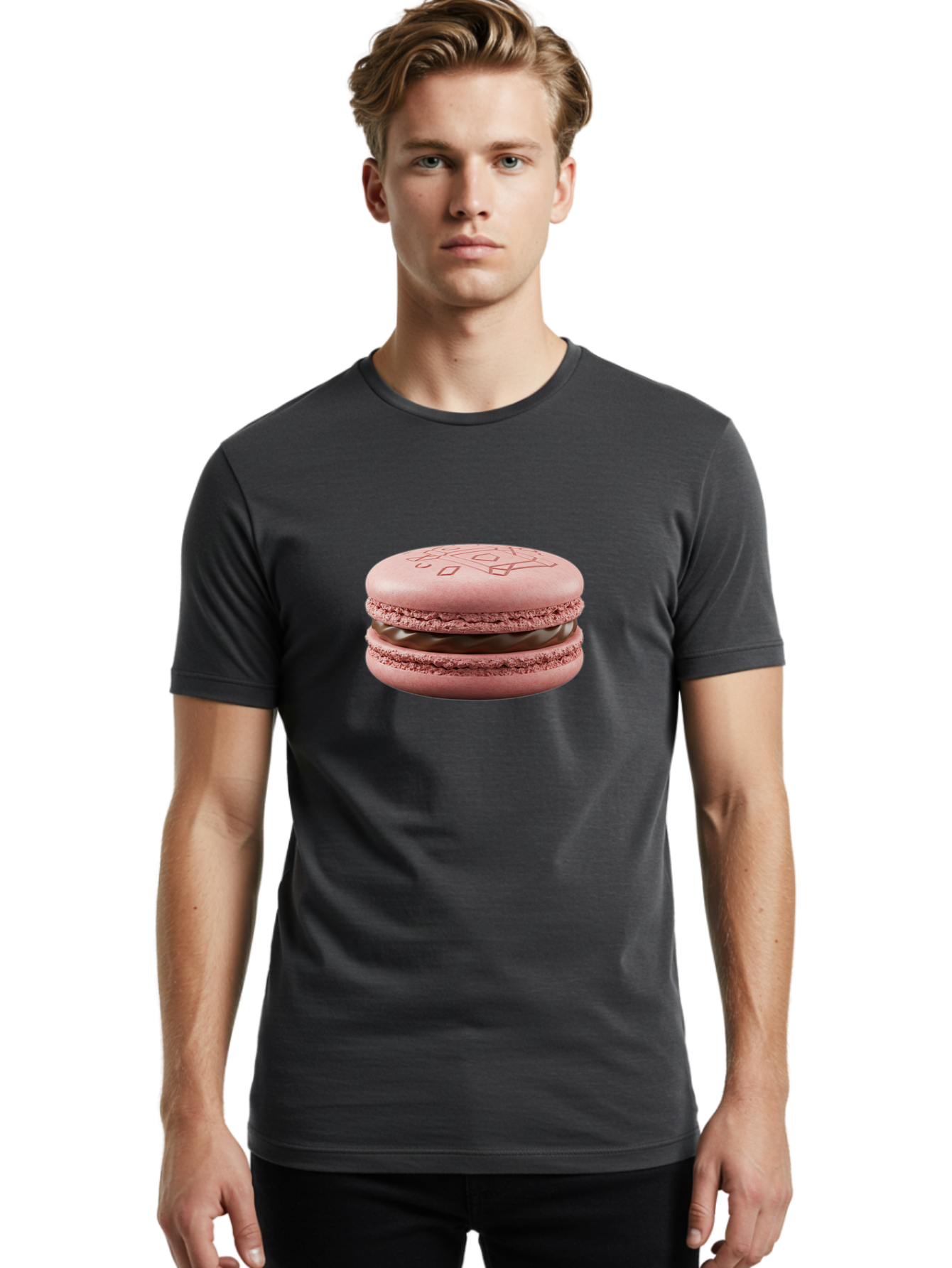 Pink-Macaron-With-Chocolate-Filling Men'S Graphic Tee, 100% Cotton, Comfortable Casual Summer Wear, Machine Washable, Pink Macaron, Chocolate Filling, Love Design, French Dessert, Sweet Treat, Delicate Meringue, Chocolate Ganache, Baked Goods Bab182