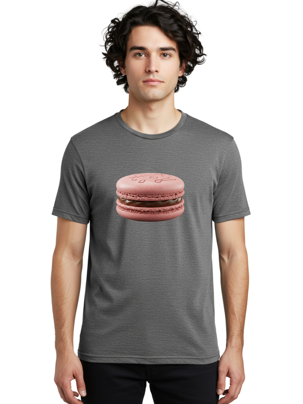 Pink-Macaron-With-Chocolate-Filling Men'S Graphic Tee, 100% Cotton, Comfortable Casual Summer Wear, Machine Washable, Pink Macaron, Chocolate Filling, Love Design, French Dessert, Sweet Treat, Delicate Meringue, Chocolate Ganache, Baked Goods Bab182