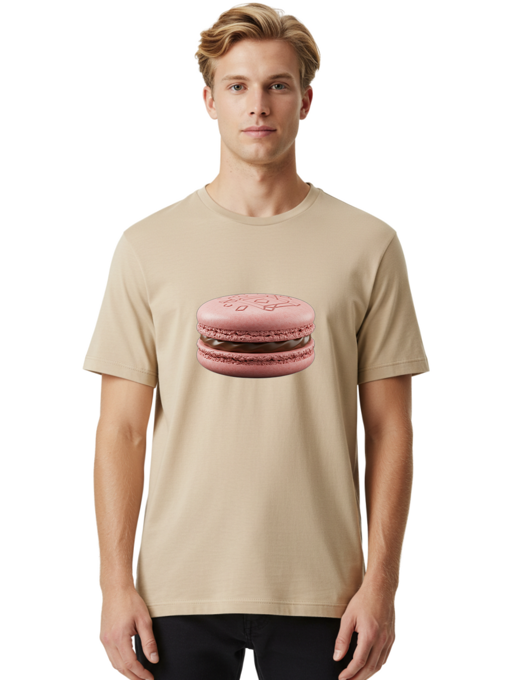 Pink-Macaron-With-Chocolate-Filling Men'S Graphic Tee, 100% Cotton, Comfortable Casual Summer Wear, Machine Washable, Pink Macaron, Chocolate Filling, Love Design, French Dessert, Sweet Treat, Delicate Meringue, Chocolate Ganache, Baked Goods Bab182