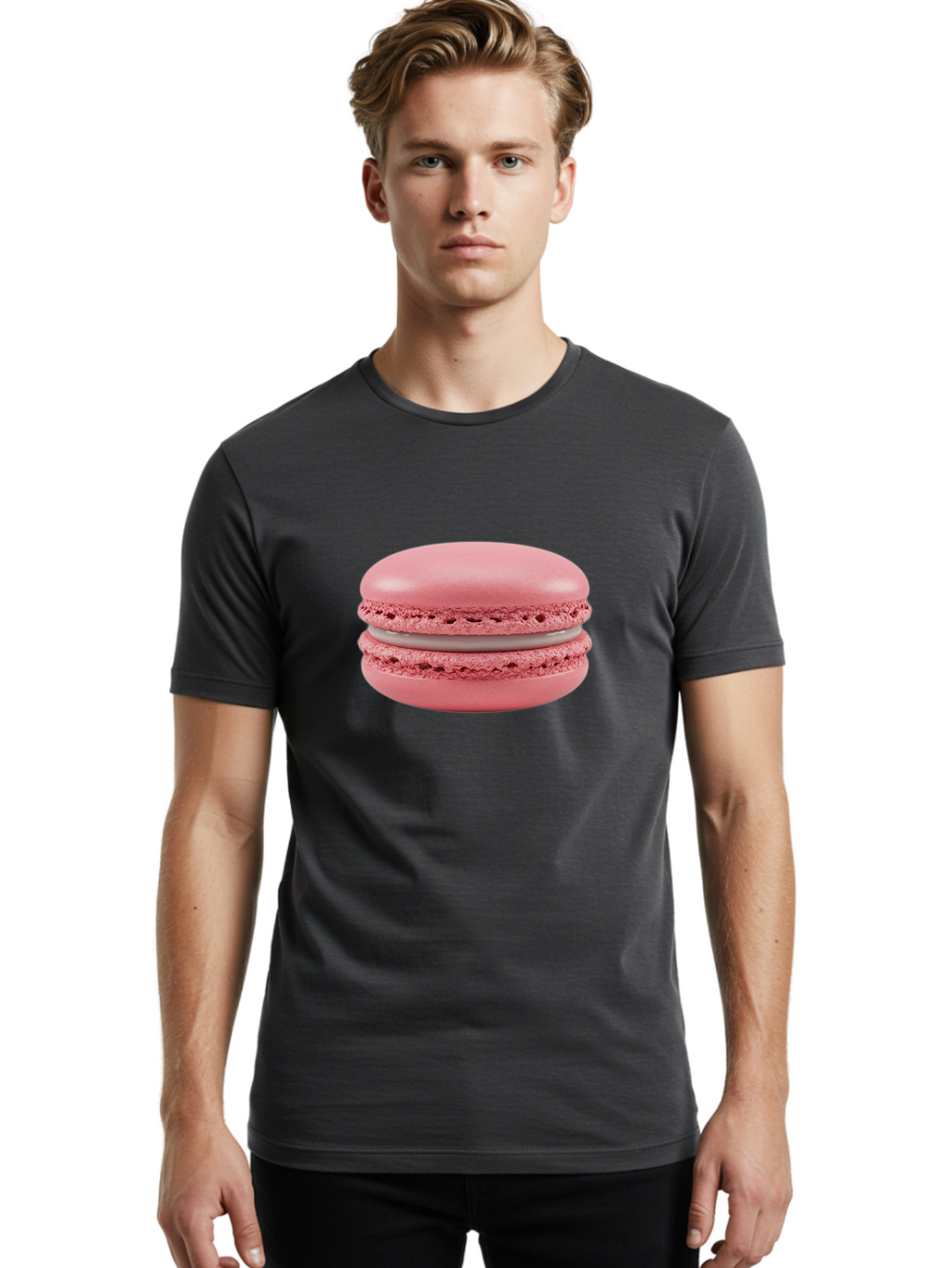 Pink-Macaron Men'S Graphic Tee, 100% Cotton, Comfortable Casual Summer Wear, Machine Washable, Pink Macaron, French Dessert, Meringue-Based Cookie, Creamy Filling, Sweet Treat, Delicate Texture, Pastel Colors, Bakery Delight Bab183