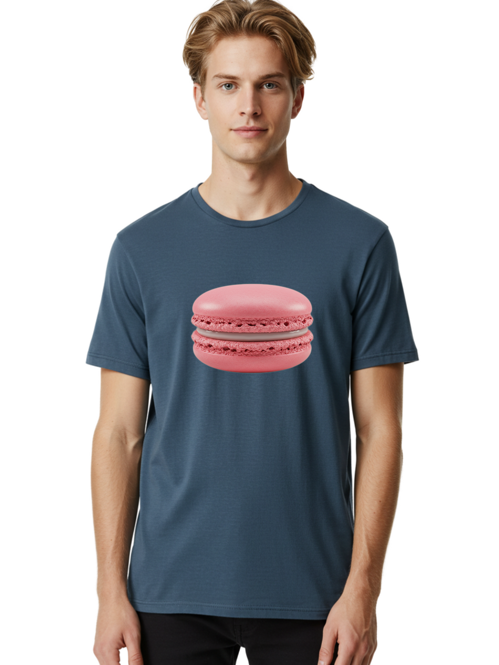 Pink-Macaron Men'S Graphic Tee, 100% Cotton, Comfortable Casual Summer Wear, Machine Washable, Pink Macaron, French Dessert, Meringue-Based Cookie, Creamy Filling, Sweet Treat, Delicate Texture, Pastel Colors, Bakery Delight Bab183
