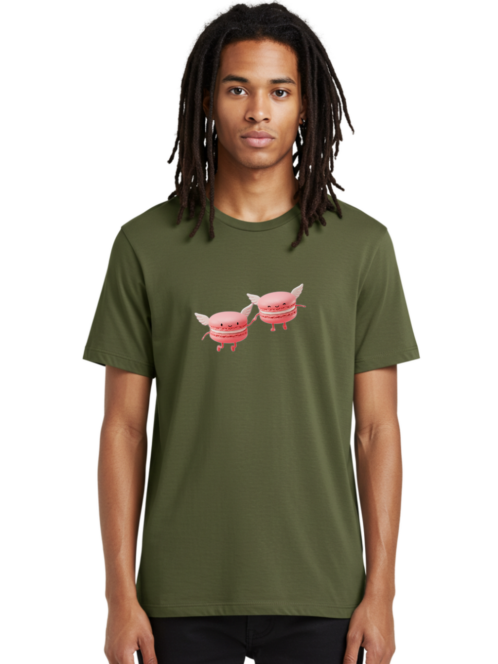 Pink-Macarons-1 Men'S Graphic Tee, 100% Cotton, Comfortable Casual Summer Wear, Machine Washable, Pink Macarons, Cute Desserts, Cartoon Characters, Smiling Faces, White Wings, Playful Treats, Dessert Lovers, Sweet Delights, Bab184