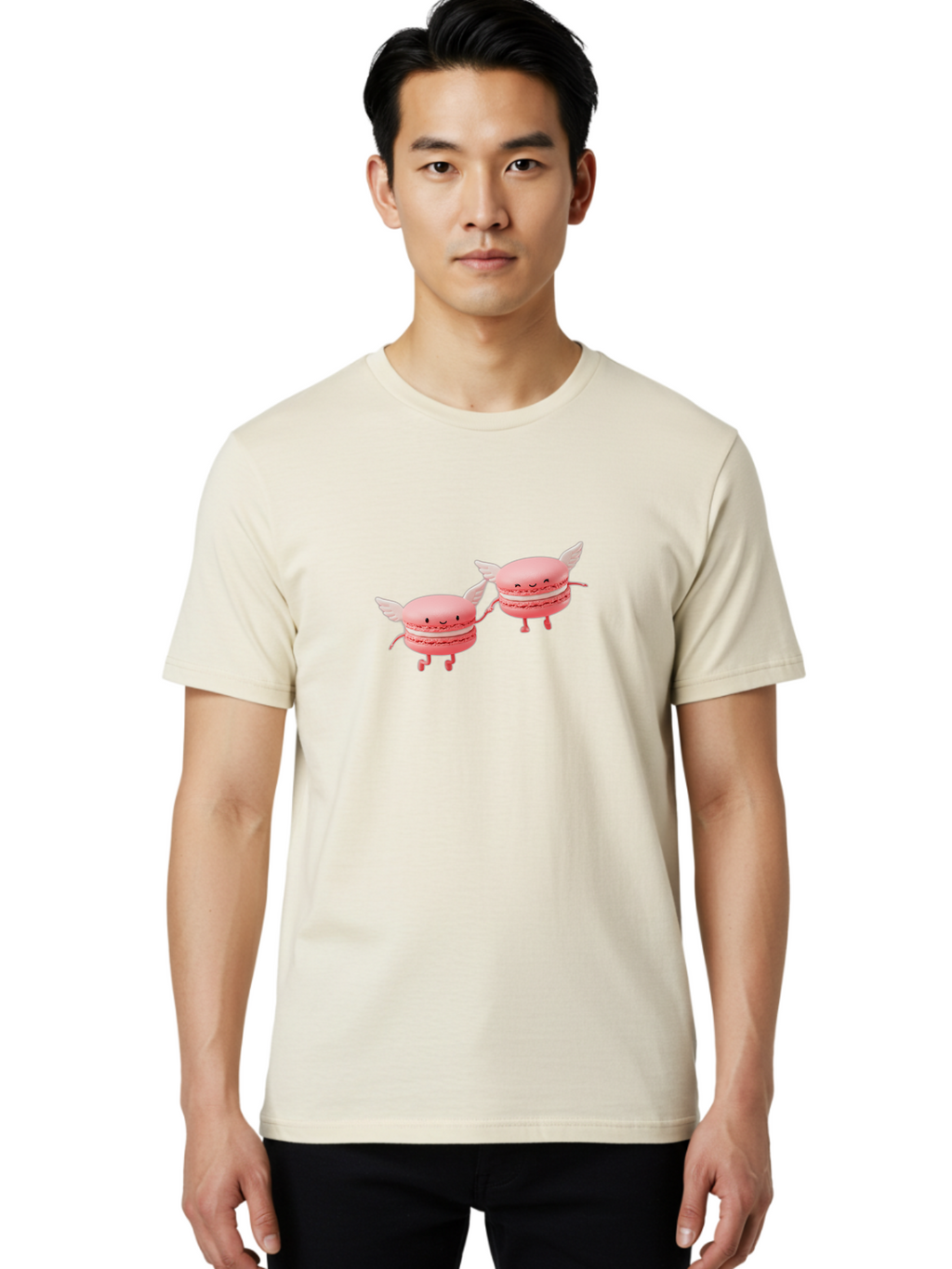 Pink-Macarons-1 Men'S Graphic Tee, 100% Cotton, Comfortable Casual Summer Wear, Machine Washable, Pink Macarons, Cute Desserts, Cartoon Characters, Smiling Faces, White Wings, Playful Treats, Dessert Lovers, Sweet Delights, Bab184