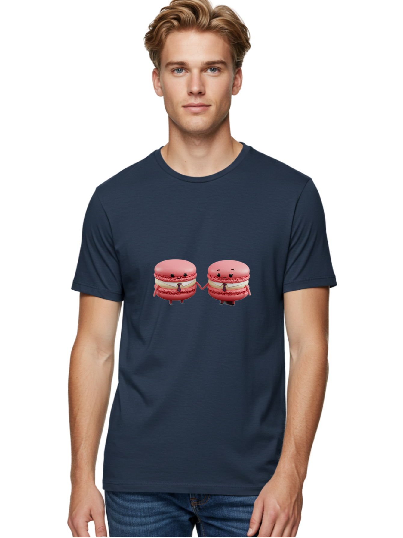 Pink-Macarons-2 Men'S Graphic Tee, 100% Cotton, Comfortable Casual Summer Wear, Machine Washable, Cartoon Macarons, Holding Hands, Anthropomorphic Desserts, Pink Macarons, White Filling, Adorable Characters, Funny Expressions, Bab185