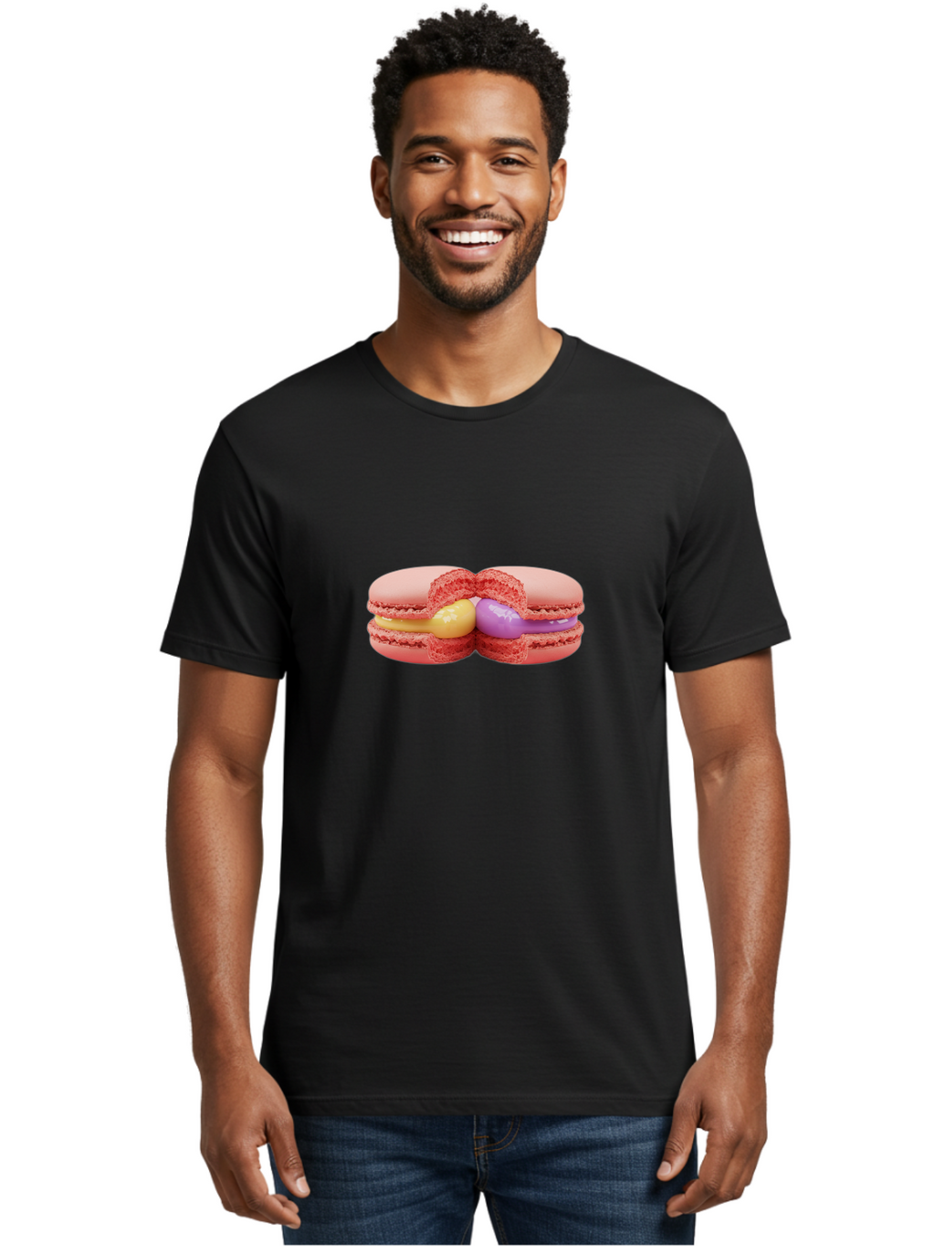 Pink-Macarons-3 Men'S Graphic Tee, 100% Cotton, Comfortable Casual Summer Wear, Machine Washable, Pink Macarons, Yellow And Purple Filling, French Dessert, Sweet Treats, Delicate Meringue, Colorful Pastries, Baked Goods, Gourmet Sweets Bab186