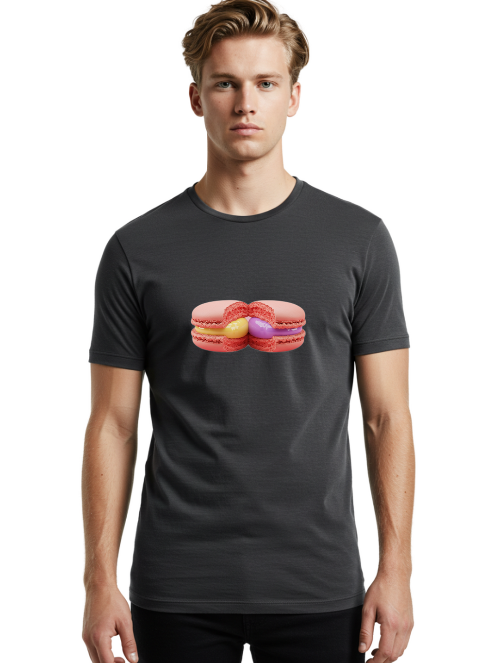 Pink-Macarons-3 Men'S Graphic Tee, 100% Cotton, Comfortable Casual Summer Wear, Machine Washable, Pink Macarons, Yellow And Purple Filling, French Dessert, Sweet Treats, Delicate Meringue, Colorful Pastries, Baked Goods, Gourmet Sweets Bab186