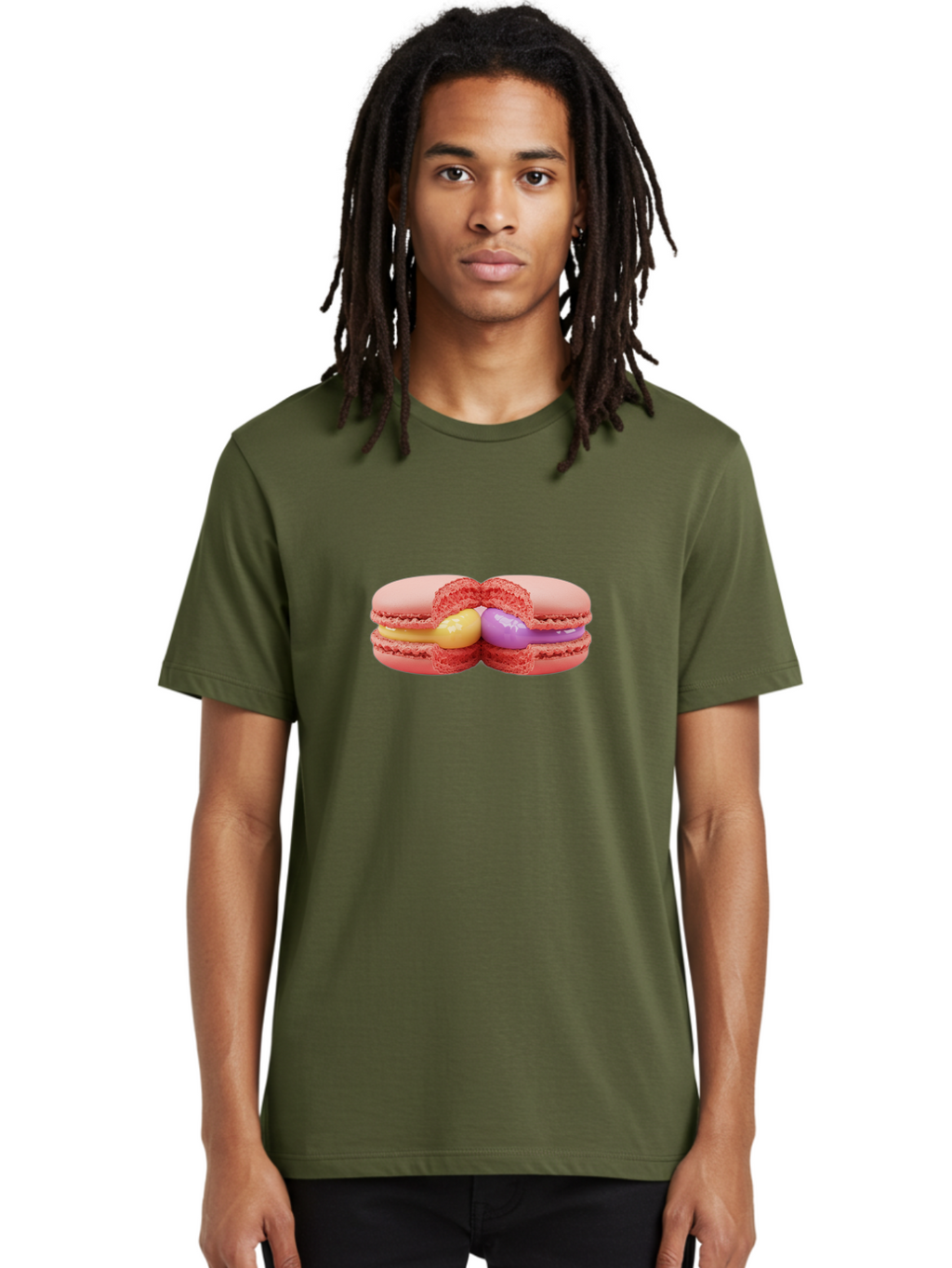 Pink-Macarons-3 Men'S Graphic Tee, 100% Cotton, Comfortable Casual Summer Wear, Machine Washable, Pink Macarons, Yellow And Purple Filling, French Dessert, Sweet Treats, Delicate Meringue, Colorful Pastries, Baked Goods, Gourmet Sweets Bab186