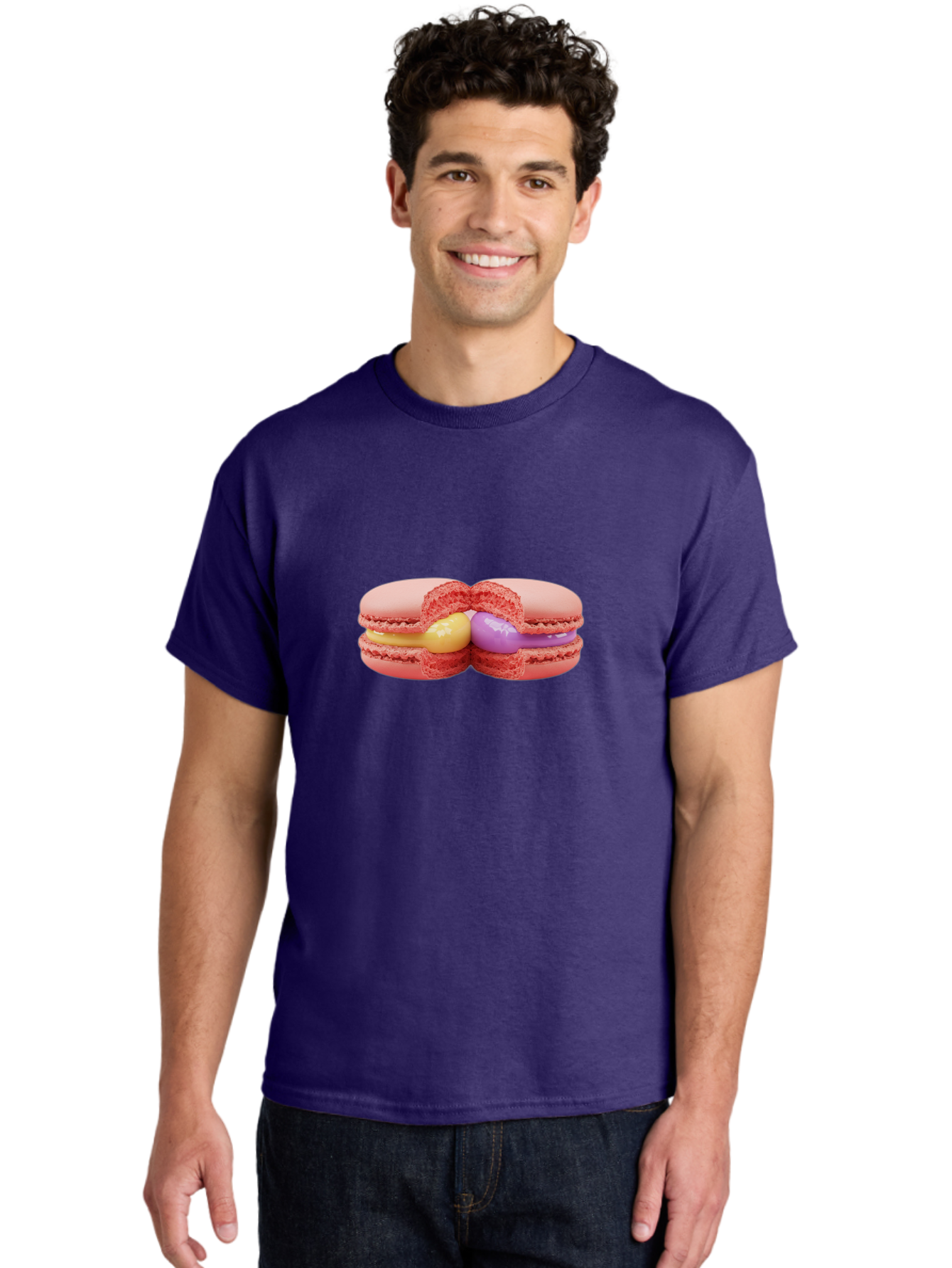 Pink-Macarons-3 Men'S Graphic Tee, 100% Cotton, Comfortable Casual Summer Wear, Machine Washable, Pink Macarons, Yellow And Purple Filling, French Dessert, Sweet Treats, Delicate Meringue, Colorful Pastries, Baked Goods, Gourmet Sweets Bab186