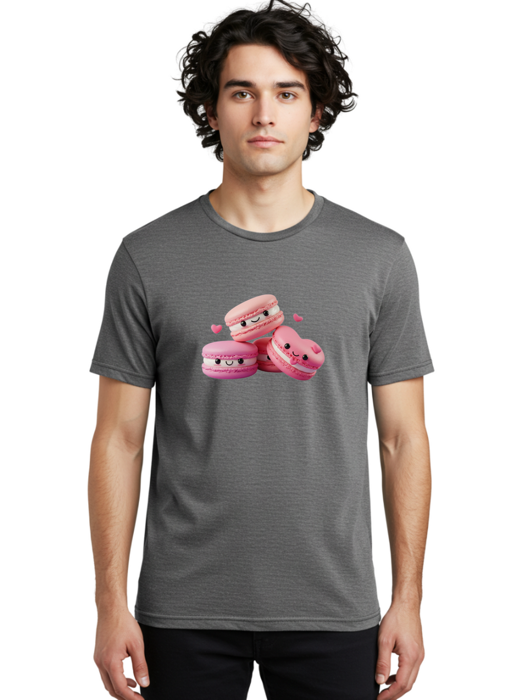 Pink-Macarons-With-Faces Men'S Graphic Tee, 100% Cotton, Comfortable Casual Summer Wear, Machine Washable, Pink Macarons, Smiling Faces, Black Eyes, Cute Desserts, Sweet Treats, Kawaii Food, Pastel Colors, Heart-Shaped Macaron Bab187