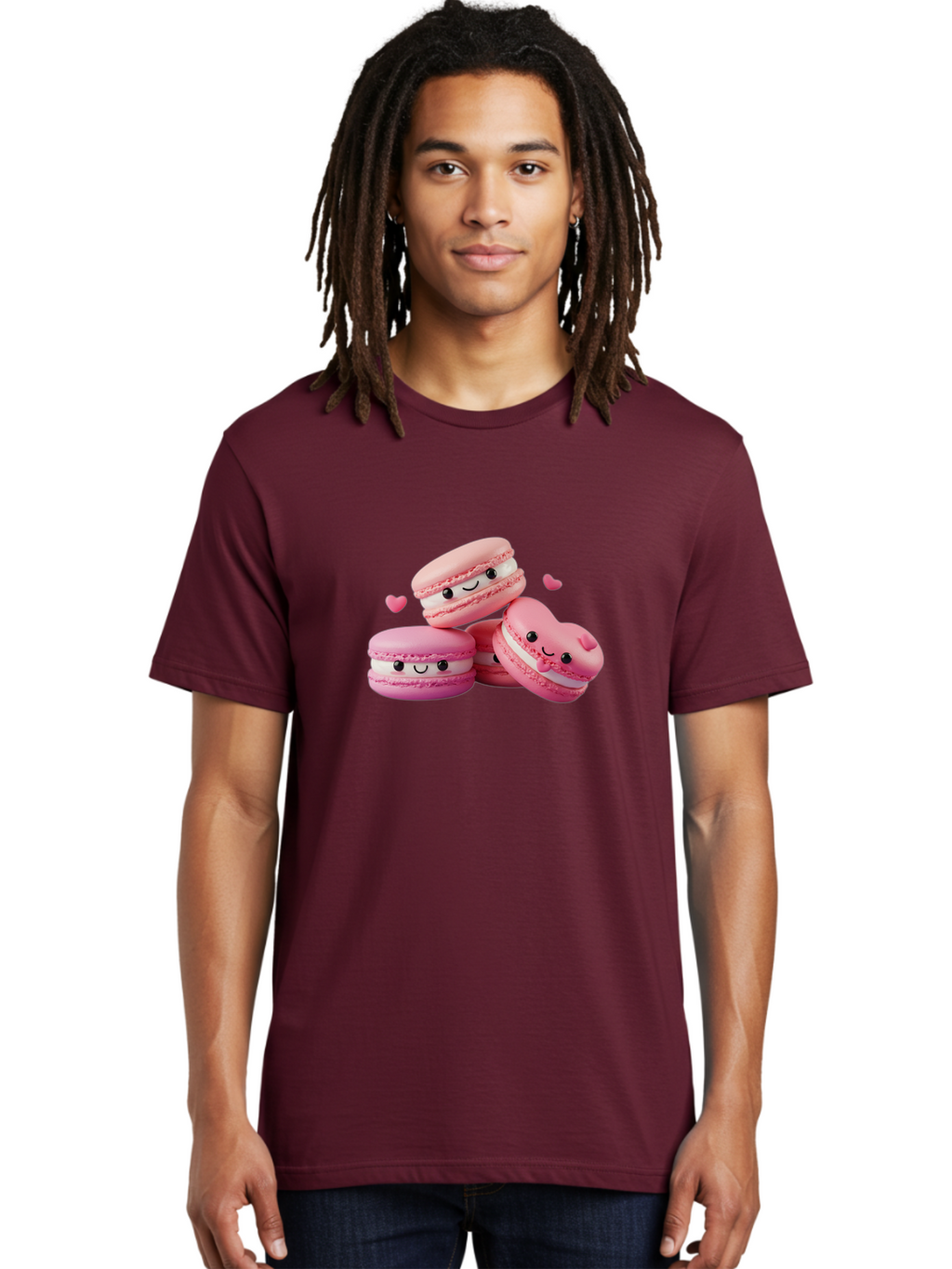 Pink-Macarons-With-Faces Men'S Graphic Tee, 100% Cotton, Comfortable Casual Summer Wear, Machine Washable, Pink Macarons, Smiling Faces, Black Eyes, Cute Desserts, Sweet Treats, Kawaii Food, Pastel Colors, Heart-Shaped Macaron Bab187