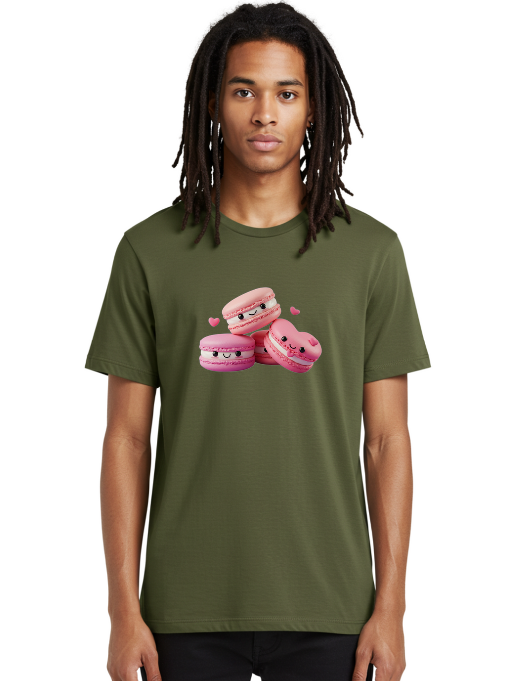 Pink-Macarons-With-Faces Men'S Graphic Tee, 100% Cotton, Comfortable Casual Summer Wear, Machine Washable, Pink Macarons, Smiling Faces, Black Eyes, Cute Desserts, Sweet Treats, Kawaii Food, Pastel Colors, Heart-Shaped Macaron Bab187