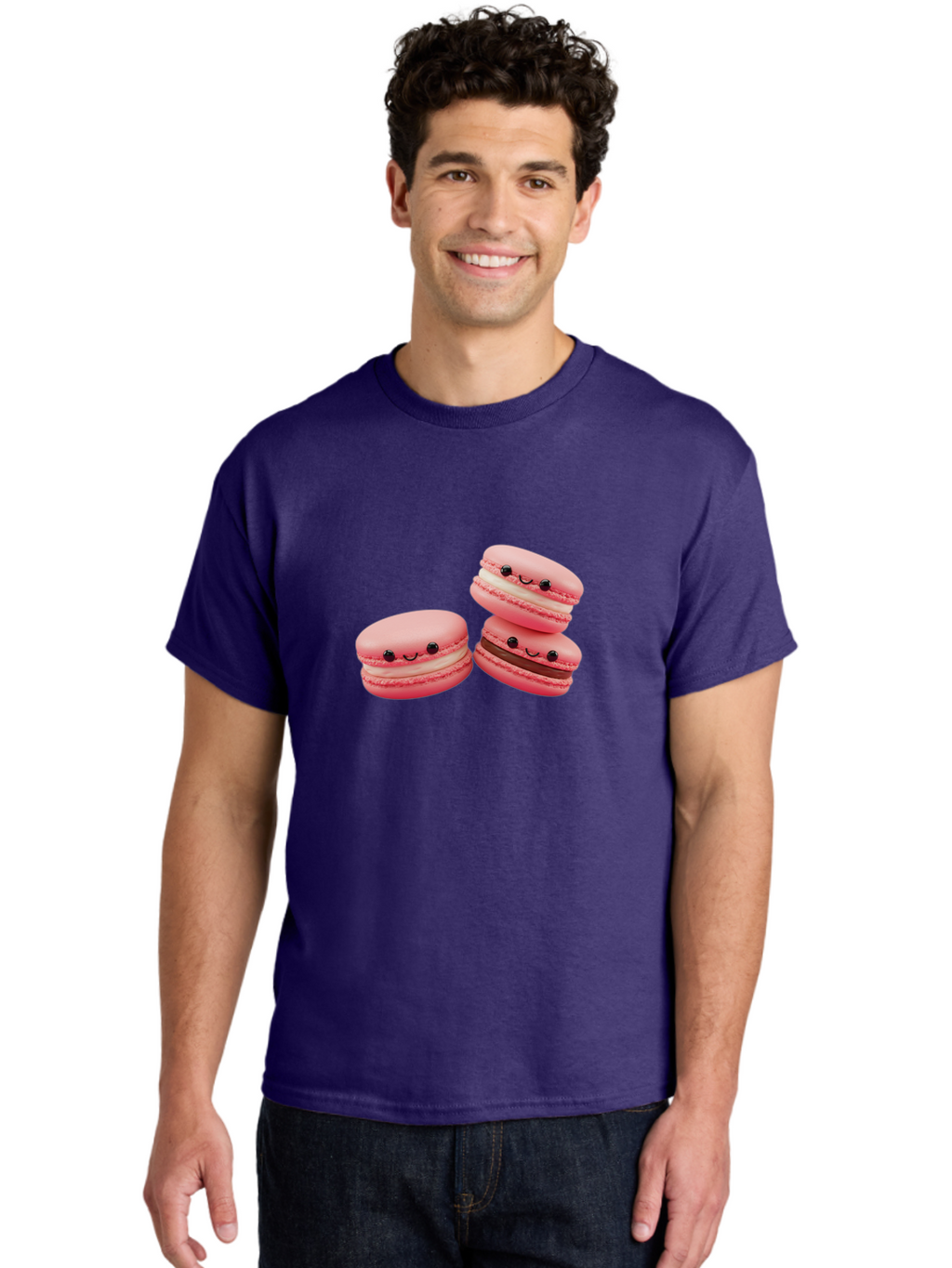 Pink-Macarons Men'S Graphic Tee, 100% Cotton, Comfortable Casual Summer Wear, Machine Washable, Pink Macarons, Sweet Treats, Dessert, French Pastry, Cute, Adorable, Smiling Macarons, Macaron Stack, Vanilla, Chocolate Filling, Bakery Delights Bab188
