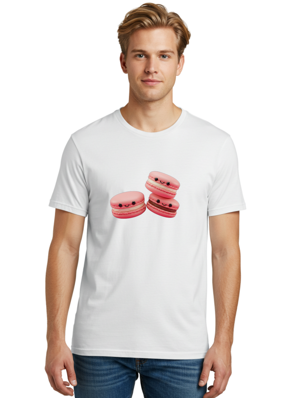Pink-Macarons Men'S Graphic Tee, 100% Cotton, Comfortable Casual Summer Wear, Machine Washable, Pink Macarons, Sweet Treats, Dessert, French Pastry, Cute, Adorable, Smiling Macarons, Macaron Stack, Vanilla, Chocolate Filling, Bakery Delights Bab188