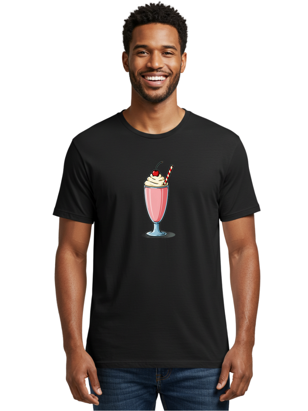 Pink-Milkshake Men'S Graphic Tee, 100% Cotton, Comfortable Casual Summer Wear, Machine Washable, Strawberry Milkshake, Whipped Cream, Cherry On Top, Red And White Straw, Sweet Treat, Creamy Texture, Pink Color, Glass Cup, Dessert, Bab190