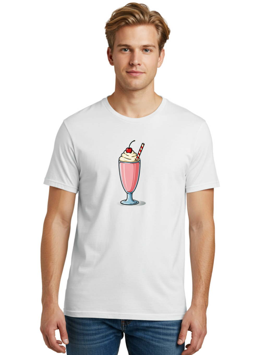 Pink-Milkshake Men'S Graphic Tee, 100% Cotton, Comfortable Casual Summer Wear, Machine Washable, Strawberry Milkshake, Whipped Cream, Cherry On Top, Red And White Straw, Sweet Treat, Creamy Texture, Pink Color, Glass Cup, Dessert, Bab190