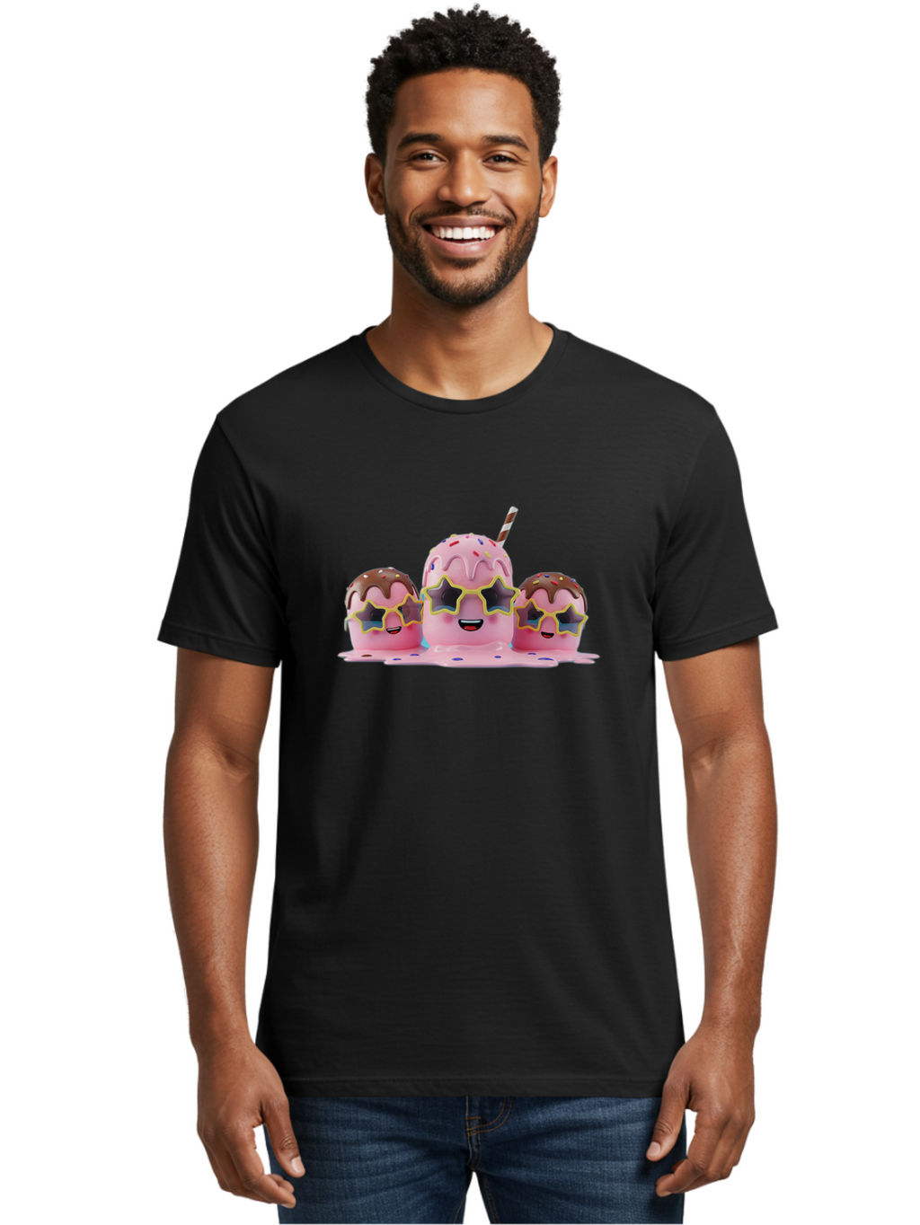 Pink-Milkshakes Men'S Graphic Tee, 100% Cotton, Comfortable Casual Summer Wear, Machine Washable, Pink Milkshake, Chocolate Topping, Colorful Sprinkles, Kawaii Characters, Melted Ice Cream, Fun Design, Sweet Treats, Dessert Lovers, Bab191