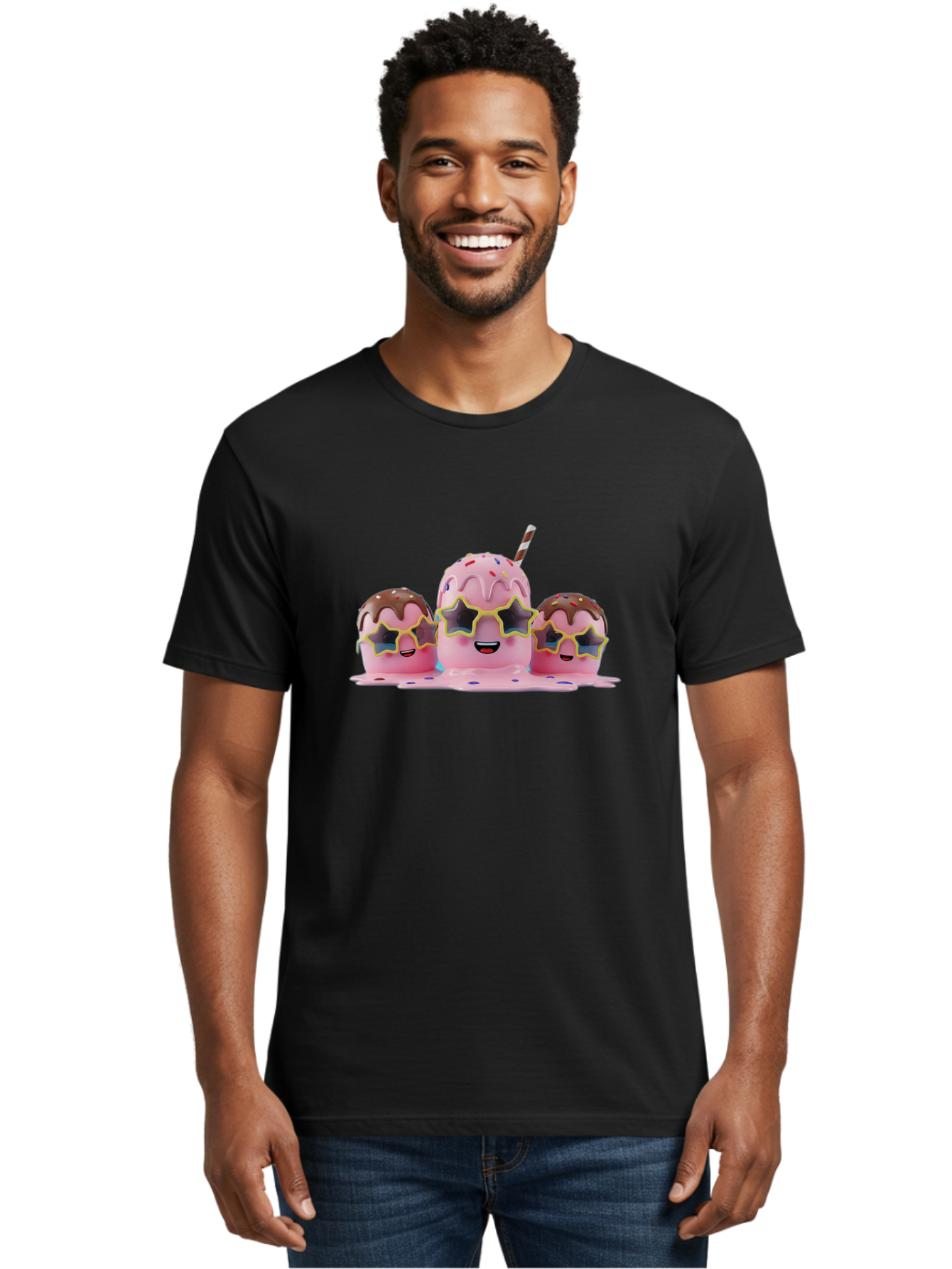 Pink-Milkshakes Men'S Graphic Tee, 100% Cotton, Comfortable Casual Summer Wear, Machine Washable, Pink Milkshake, Chocolate Topping, Colorful Sprinkles, Kawaii Characters, Melted Ice Cream, Fun Design, Sweet Treats, Dessert Lovers, Bab191