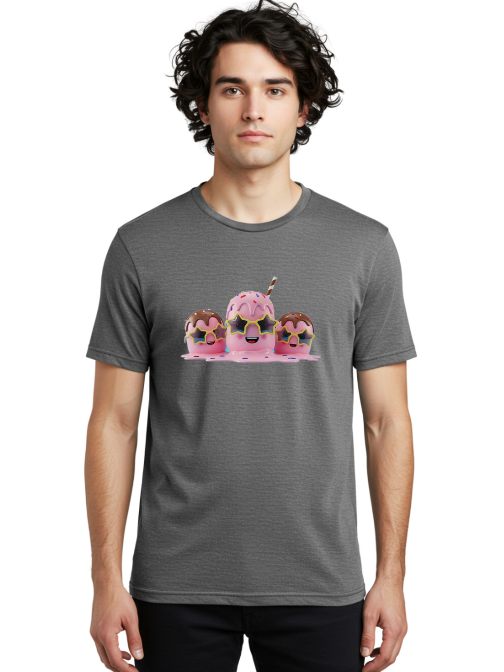 Pink-Milkshakes Men'S Graphic Tee, 100% Cotton, Comfortable Casual Summer Wear, Machine Washable, Pink Milkshake, Chocolate Topping, Colorful Sprinkles, Kawaii Characters, Melted Ice Cream, Fun Design, Sweet Treats, Dessert Lovers, Bab191