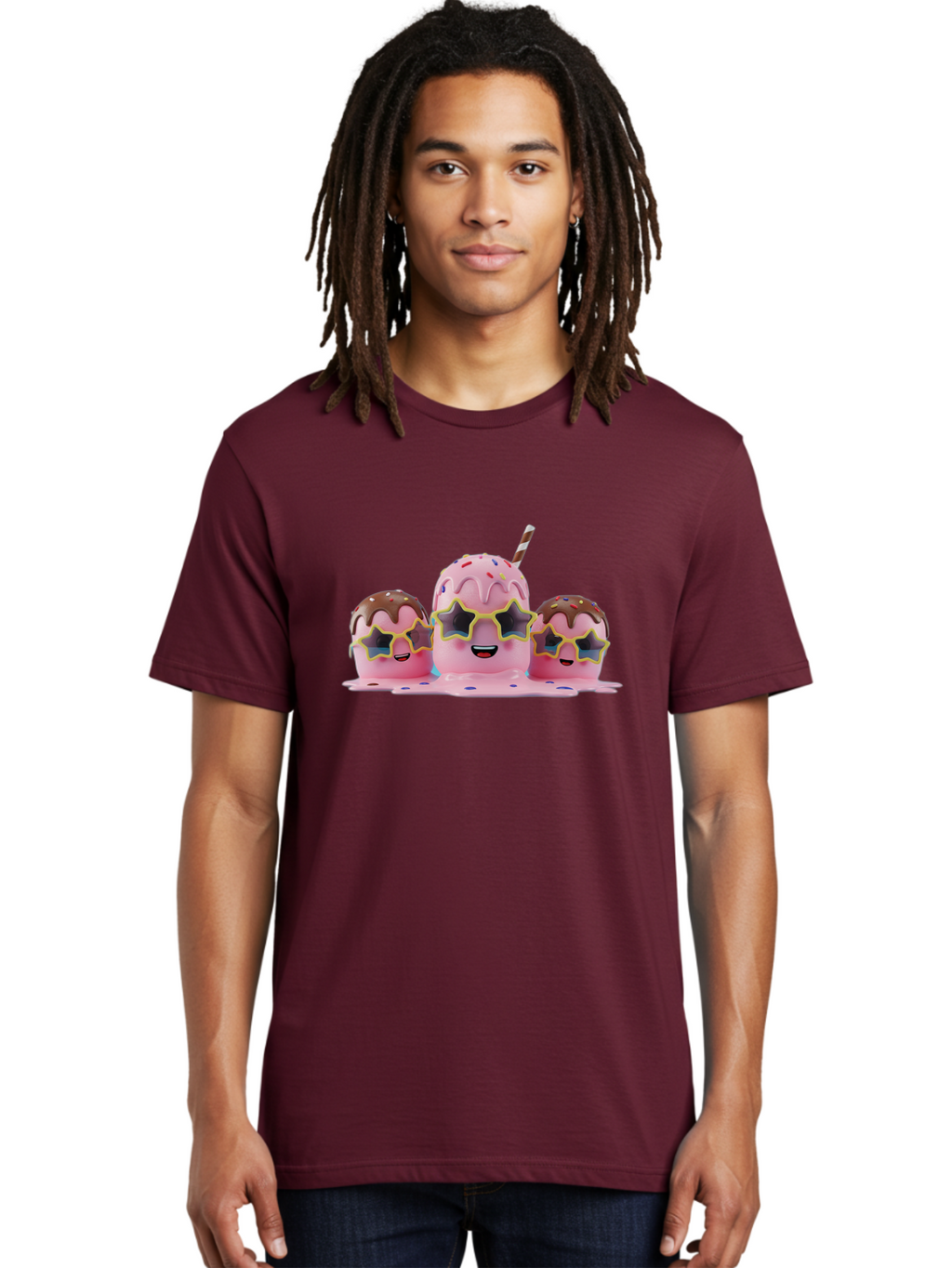 Pink-Milkshakes Men'S Graphic Tee, 100% Cotton, Comfortable Casual Summer Wear, Machine Washable, Pink Milkshake, Chocolate Topping, Colorful Sprinkles, Kawaii Characters, Melted Ice Cream, Fun Design, Sweet Treats, Dessert Lovers, Bab191