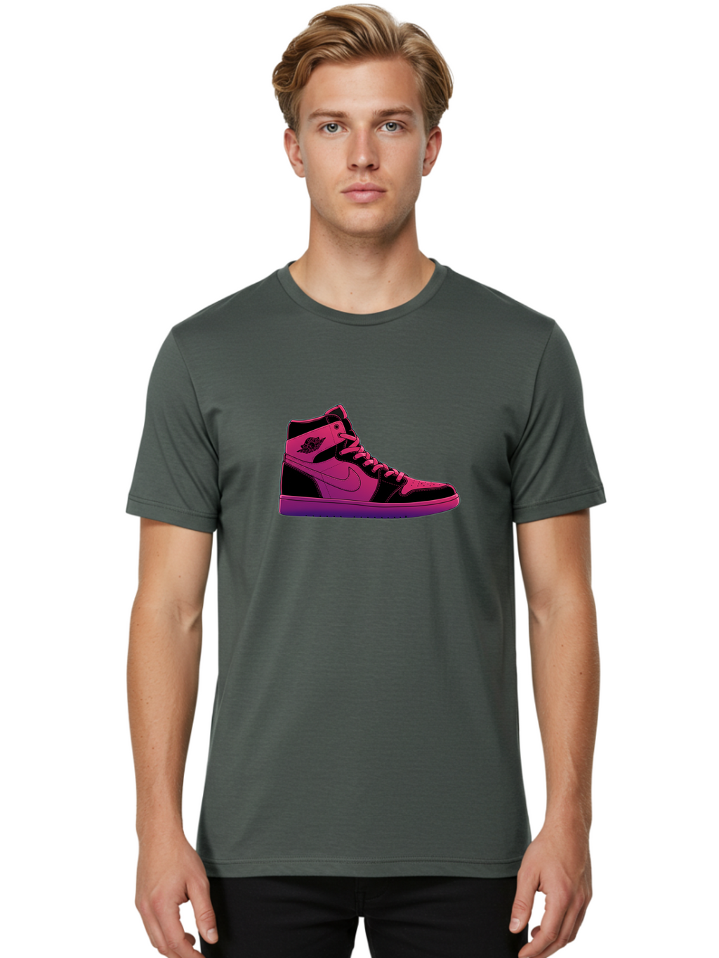 Pink-Nike-High-Top-Sneaker Men'S Graphic Tee, 100% Cotton, Comfortable Casual Summer Wear, Machine Washable, Sneaker Art, Pink And Black Design, Nike Air Jordan 1, High-Top Sneakers, Streetwear Fashion, Iconic Logo, Urban Style, Bab192
