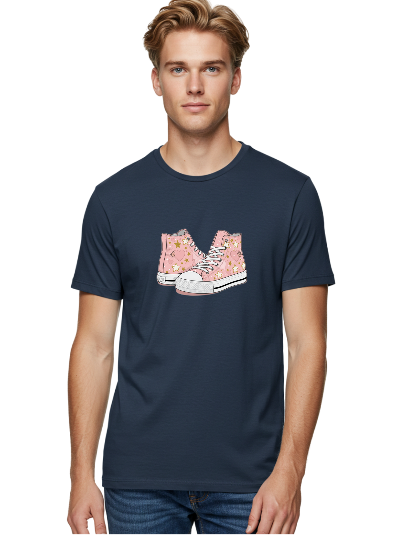 Pink-Star-Converse Men'S Graphic Tee, 100% Cotton, Comfortable Casual Summer Wear, Machine Washable, Pink Converse Sneakers, Star Pattern, Heart Design, White Laces, Fashion Footwear, Casual Style, Sneakers With Hearts, Star-Themed Shoes, Bab194