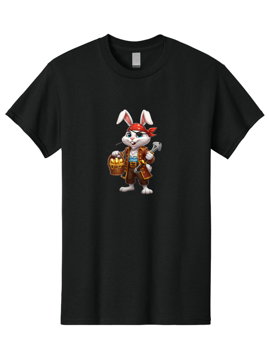 Pirate-Bunny Men'S Graphic Tee, 100% Cotton, Comfortable Casual Summer Wear, Machine Washable, Cartoon Rabbit, Pirate Costume, Red Bandana, Treasure Basket, Golden Eggs, Pirate Hat, Swashbuckling Adventure, Playful Pirate, Fantasy Character, Bab196