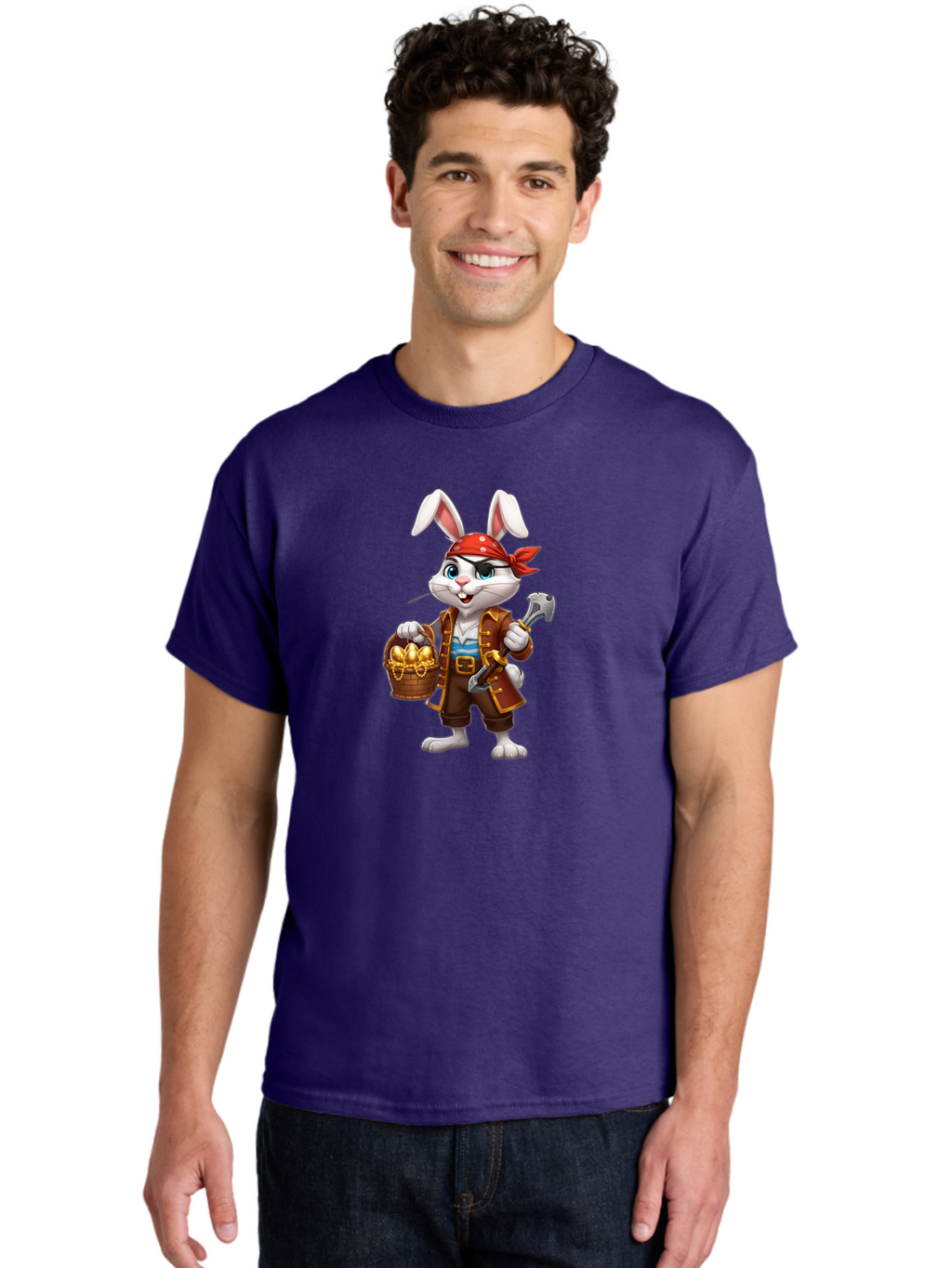 Pirate-Bunny Men'S Graphic Tee, 100% Cotton, Comfortable Casual Summer Wear, Machine Washable, Cartoon Rabbit, Pirate Costume, Red Bandana, Treasure Basket, Golden Eggs, Pirate Hat, Swashbuckling Adventure, Playful Pirate, Fantasy Character, Bab196