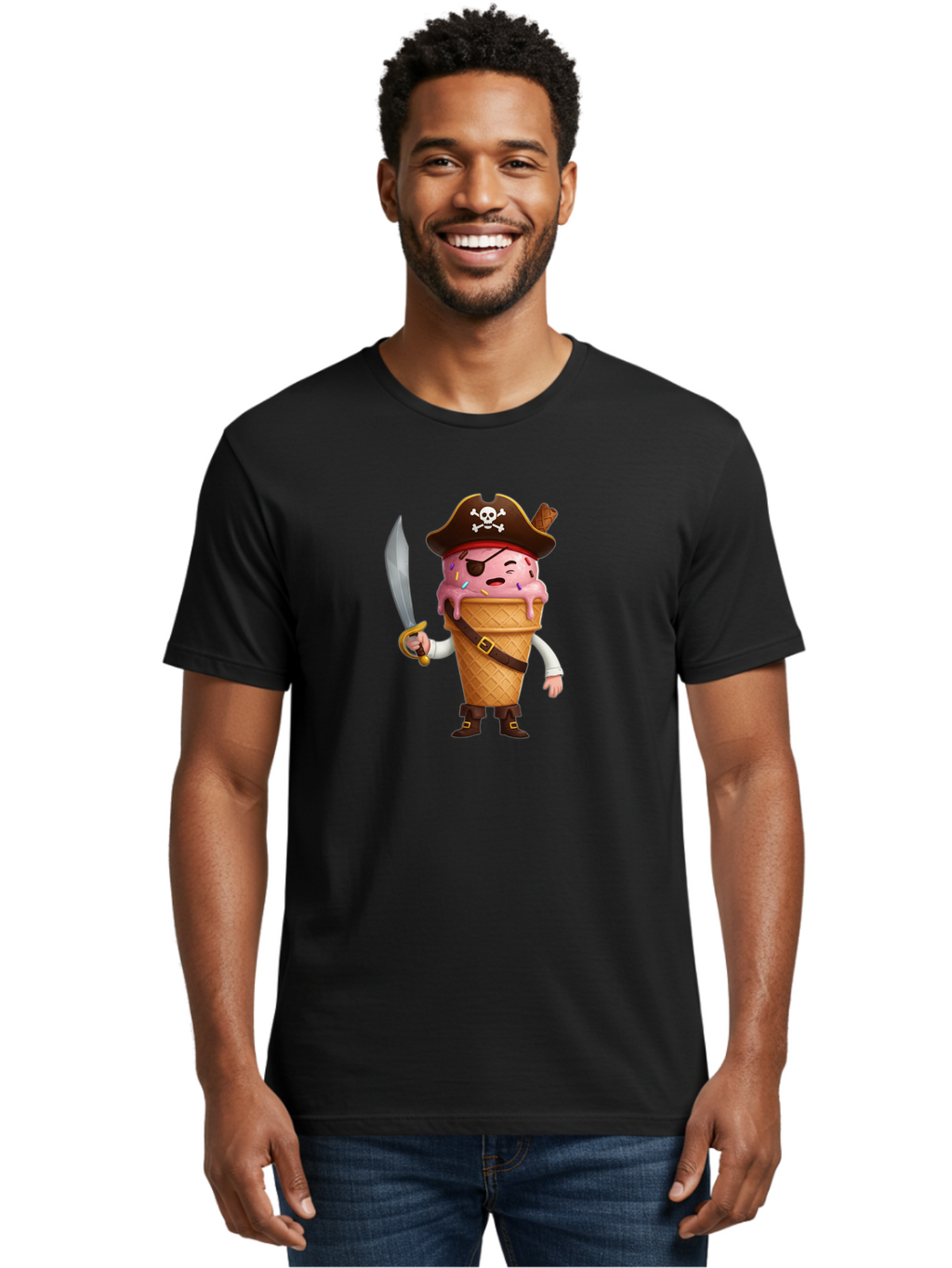 Pirate-Ice-Cream Men'S Graphic Tee, 100% Cotton, Comfortable Casual Summer Wear, Machine Washable, Pirate Ice Cream, Swashbuckling Dessert, Ice Cream Cone Pirate, Sweet Treats, Colorful Sprinkles, Pirate Hat, Eye Patch, Sword, Bab197
