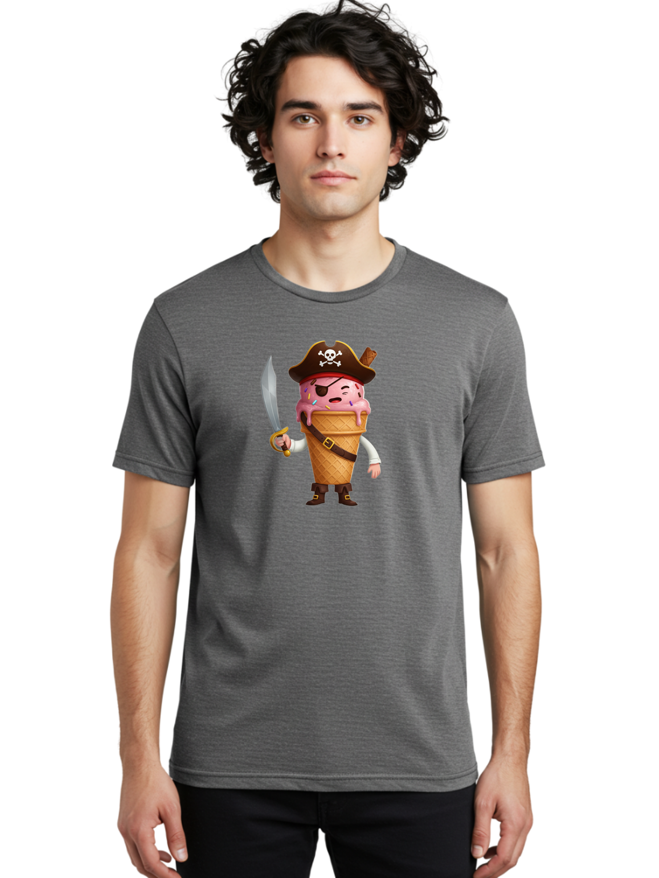 Pirate-Ice-Cream Men'S Graphic Tee, 100% Cotton, Comfortable Casual Summer Wear, Machine Washable, Pirate Ice Cream, Swashbuckling Dessert, Ice Cream Cone Pirate, Sweet Treats, Colorful Sprinkles, Pirate Hat, Eye Patch, Sword, Bab197