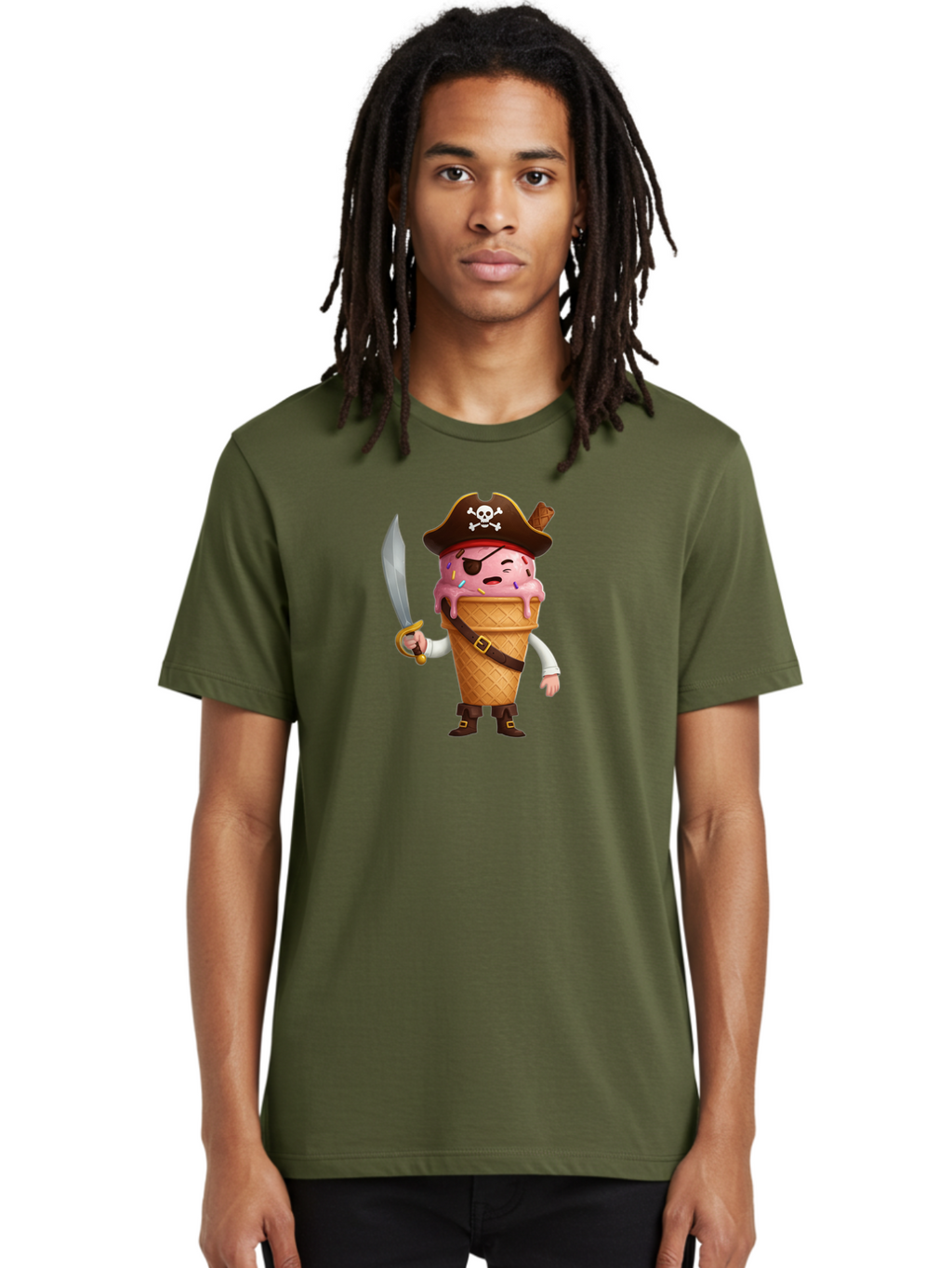 Pirate-Ice-Cream Men'S Graphic Tee, 100% Cotton, Comfortable Casual Summer Wear, Machine Washable, Pirate Ice Cream, Swashbuckling Dessert, Ice Cream Cone Pirate, Sweet Treats, Colorful Sprinkles, Pirate Hat, Eye Patch, Sword, Bab197